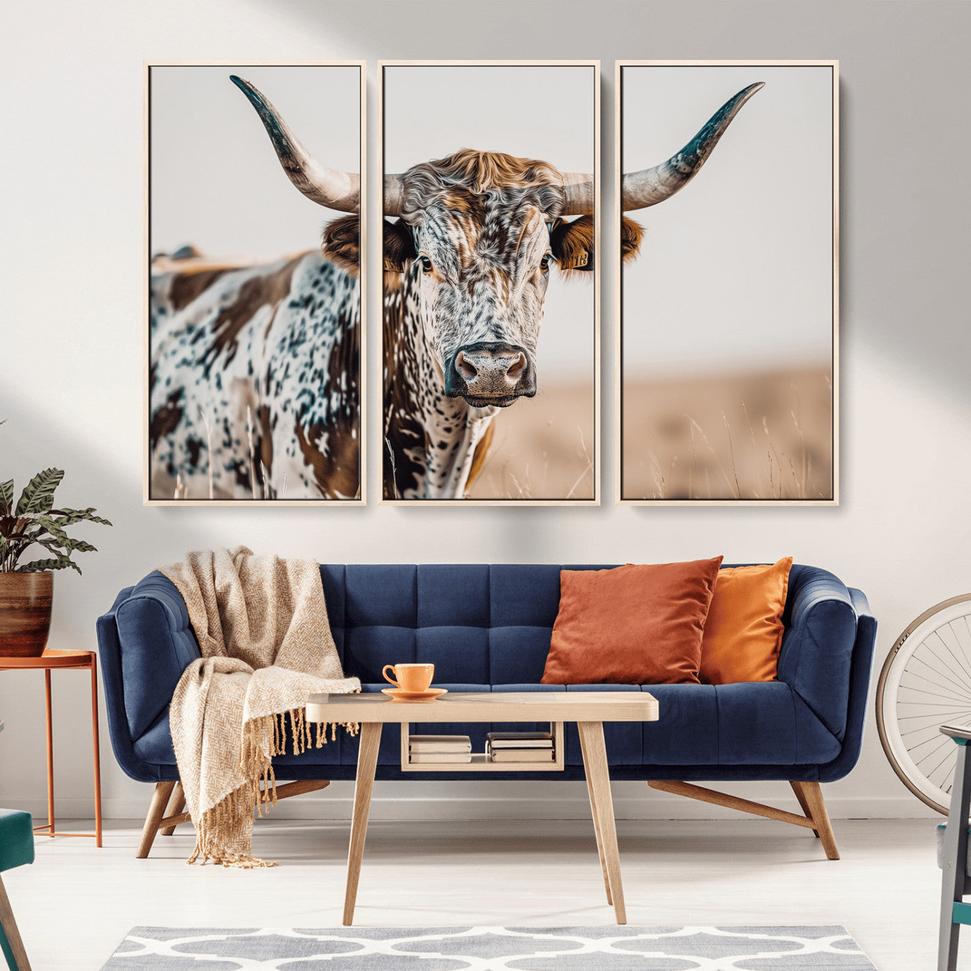 Canvas of a speckled Texas longhorn with wide curved horns and warm tones, perfect for rustic or country-style wall decor.
