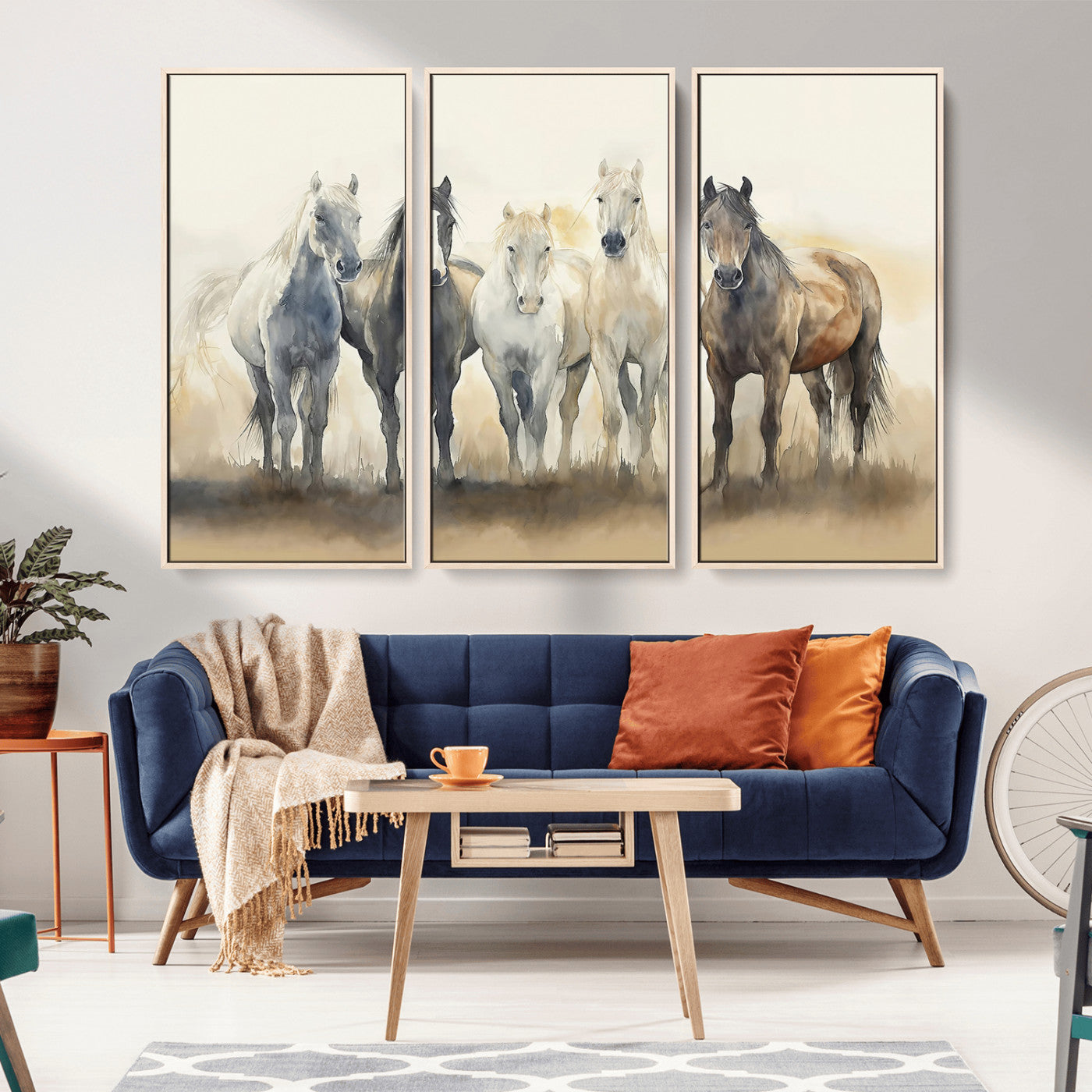 Watercolor illustration of five wild horses in soft neutral tones, perfect for rustic or western-style home decor with a calming natural vibe.