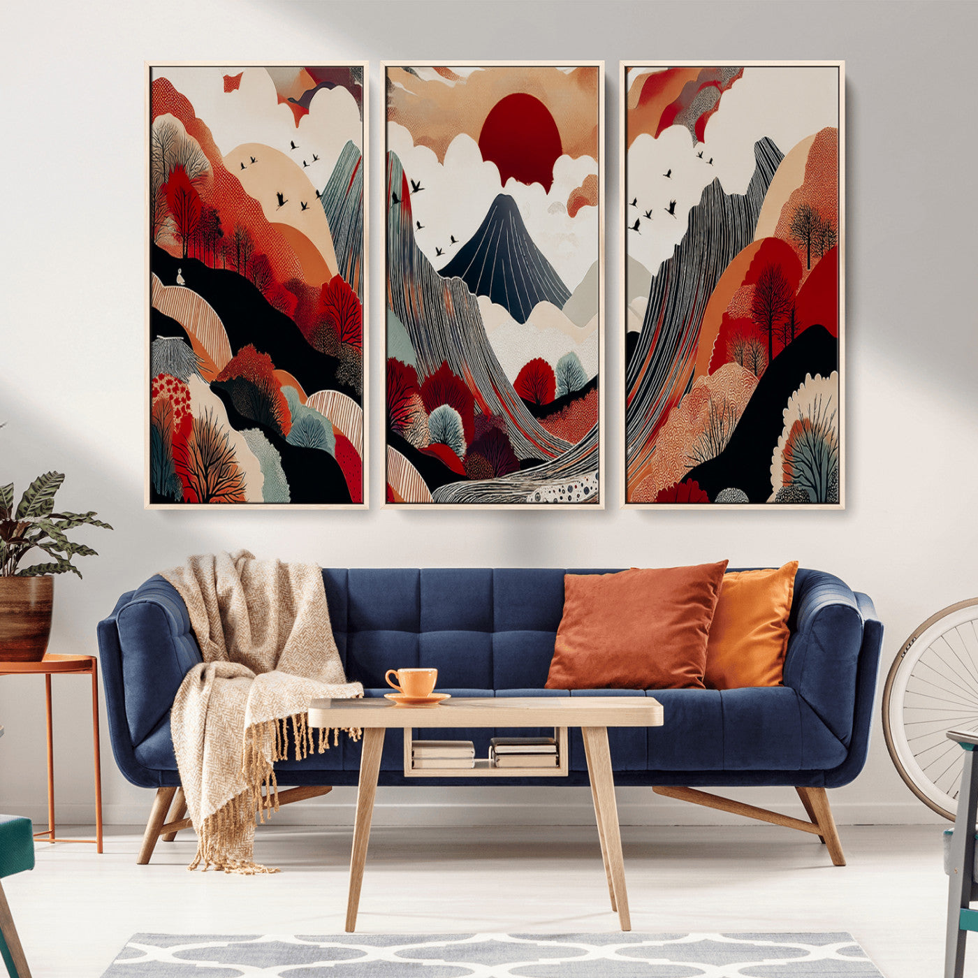 Abstract nature illustration with a red sun, mountains, and vibrant landscapes in graphic style, perfect for contemporary minimalist home decor. Ideal for modern spaces.