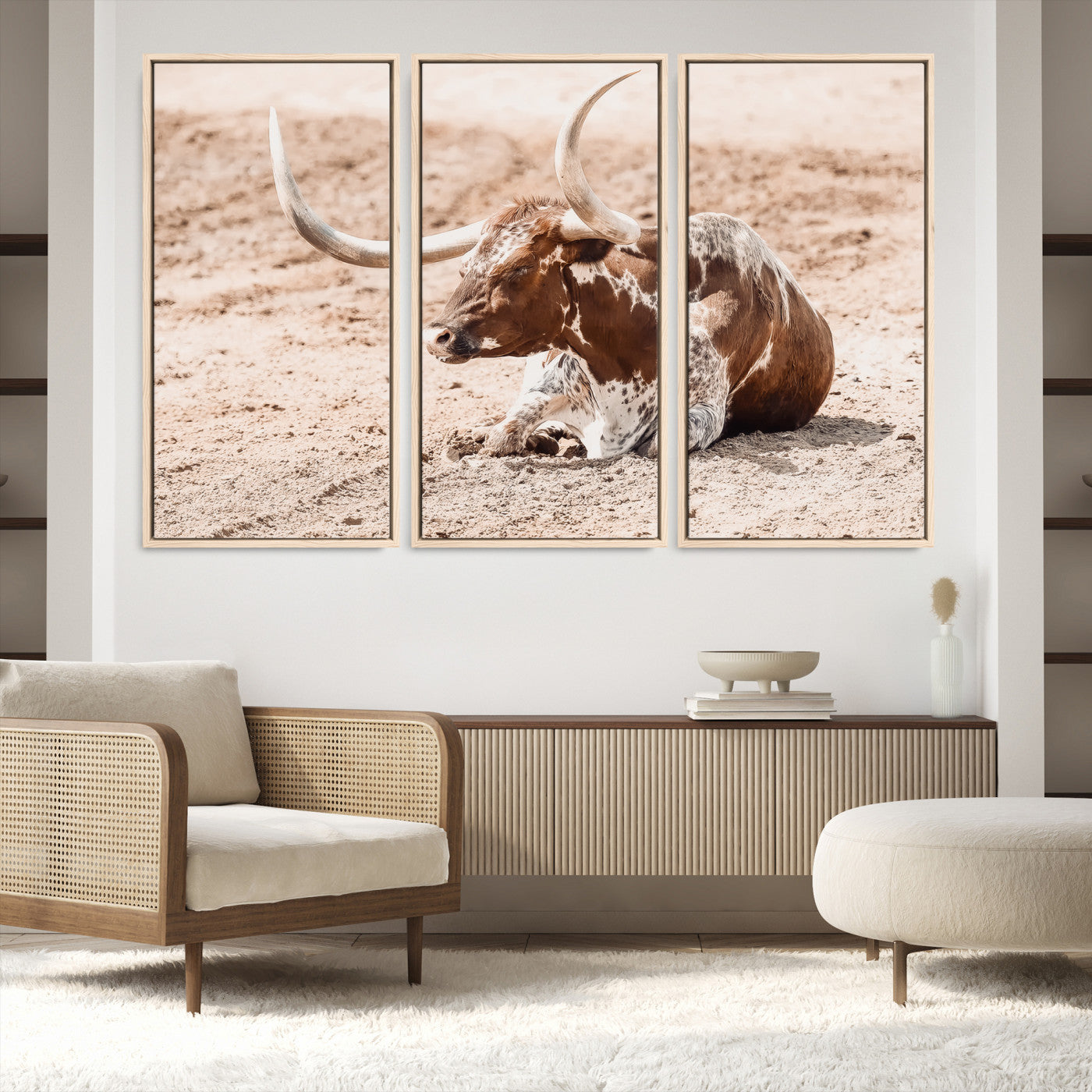 91248682-MGV-FC-48X32-3P-Texas Longhorn Wall Art Canvas Print, Framed Resting Bull Art Picture Print, Spotted Cattle Perfect Rustic Western Decor, Spotted Cattle