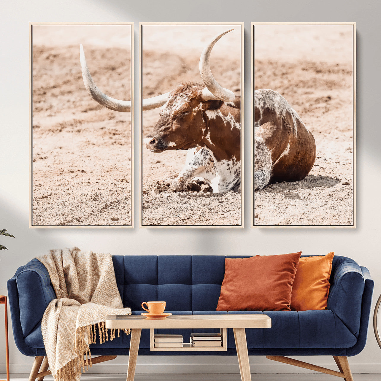 91248682-MGV-CV-36X24-Texas Longhorn Wall Art Canvas Print – Framed Resting Bull Scene with Spotted Cattle Artwork for Home, Office