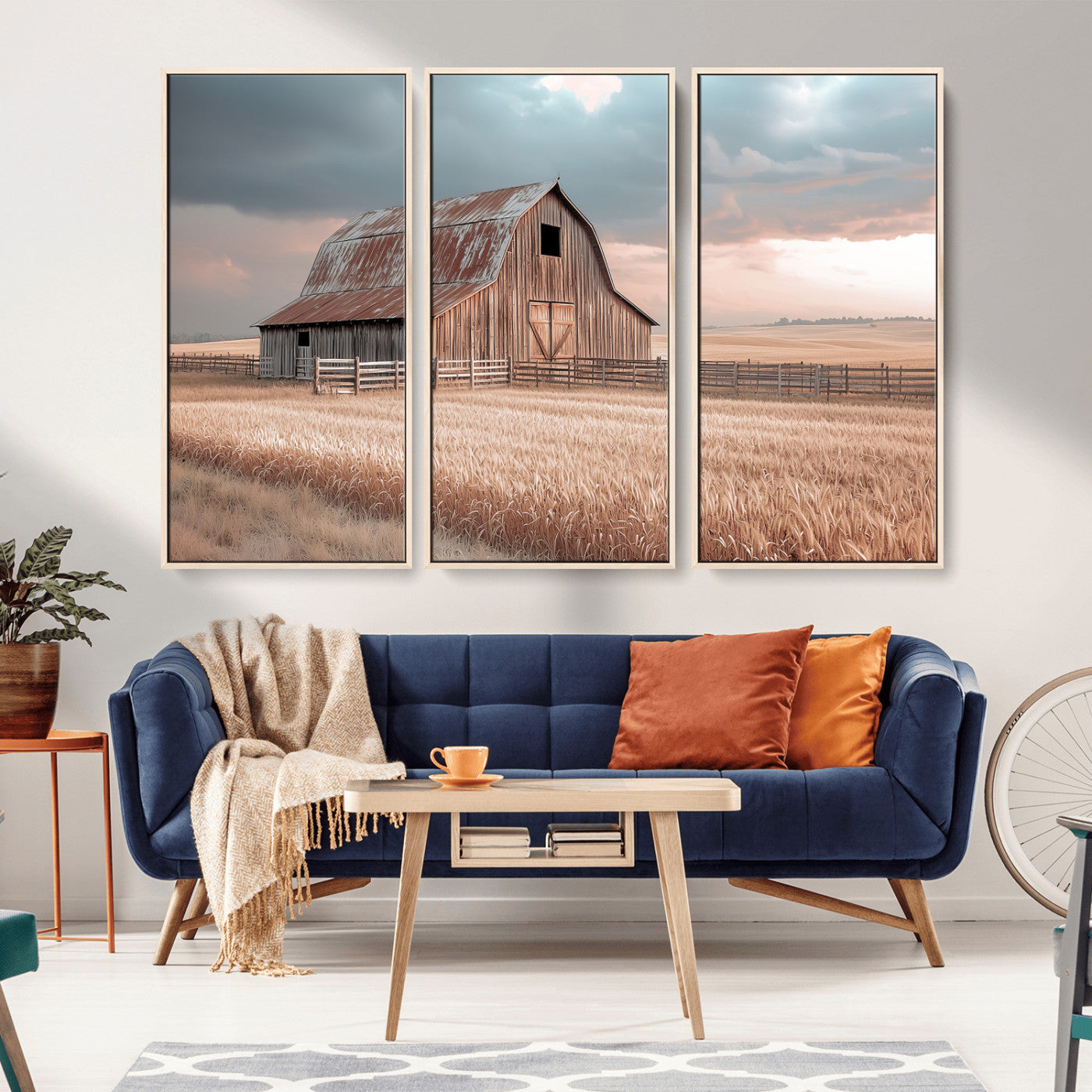 MGV-FC-48X32-3P - Rustic Barn Wall Art Canvas Print, Framed Wheat Field Art Picture Print, Sunset Barn Perfect Vintage Farmhouse Decor Artwork