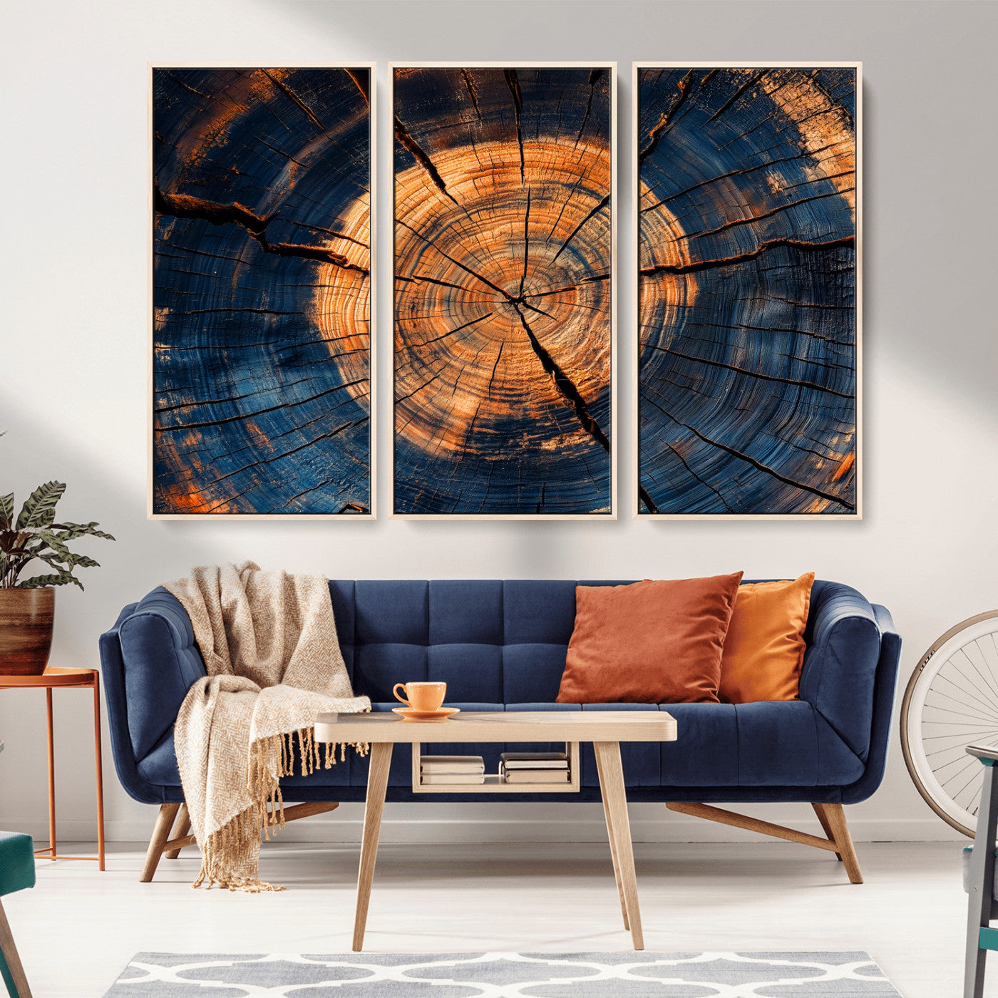 MGV-FC-48X32-3P - Burnt Wood Wall Art Canvas Print, Framed Aged Timber Art Picture Print, Rustic Tree Slice Perfect Rustic Decor Artwork