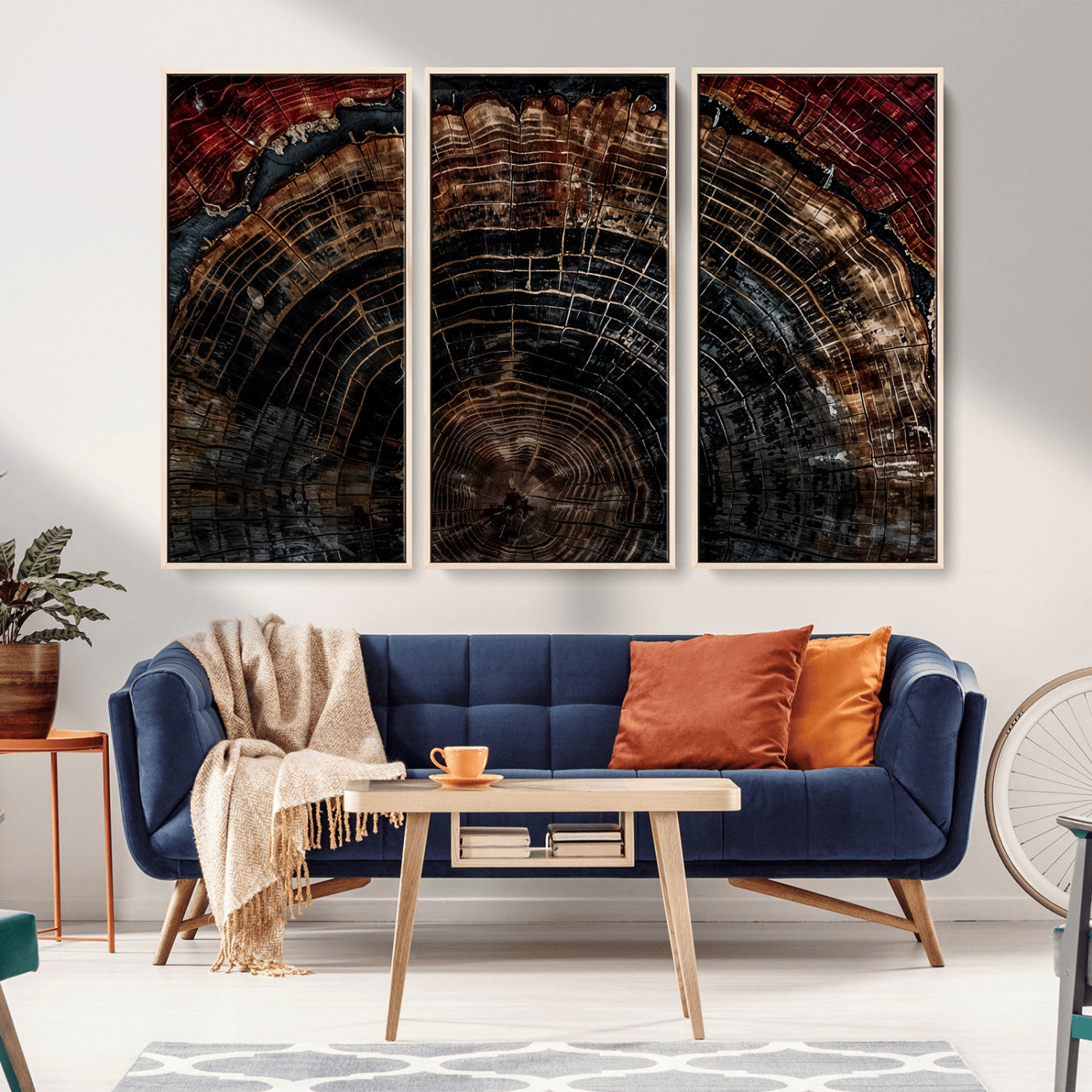 MGV-FC-48X32-3P - Dark Wood Ring Wall Art Canvas Print, Framed Abstract Wood Tree Art Picture Print, Rustic Tree Slice Perfect Rustic Decor Artwork