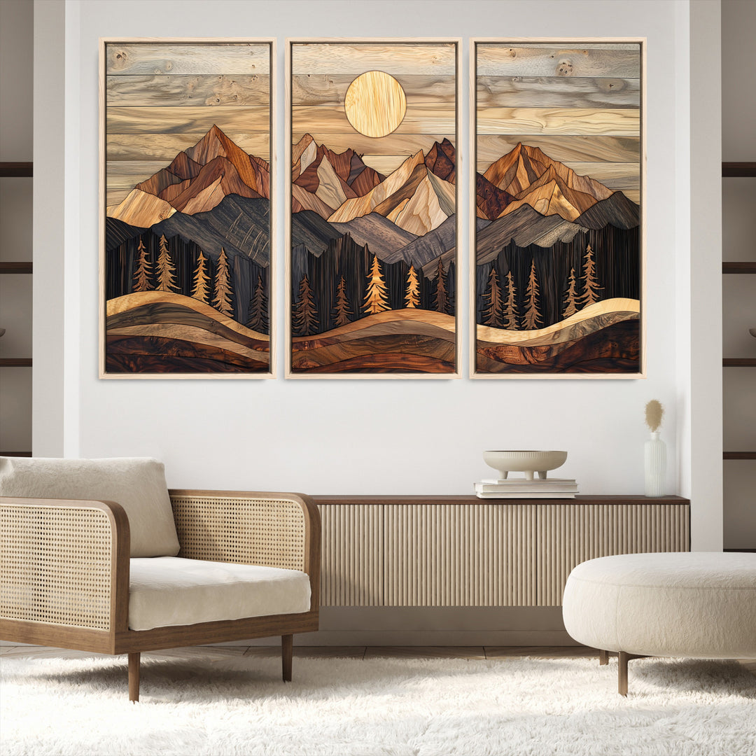 50100230-MGV-FC-48X32-3P_Natural-Wood Mountain Wall Art Canvas Print, Framed Boho Wood Art Print, Abstract Woodland Farmhouse Decor