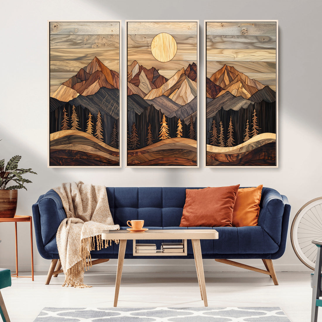 Wood Mountain Wall Art Canvas Print, Framed Boho Abstract Woodland Landscape