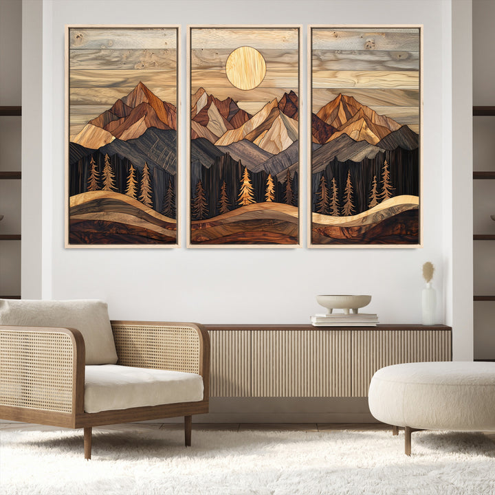 50100230-MGV-FC-48X32-3P_Natural-Wood Mountain Wall Art Canvas Print, Framed Boho Wood Art Print, Abstract Woodland Farmhouse Decor