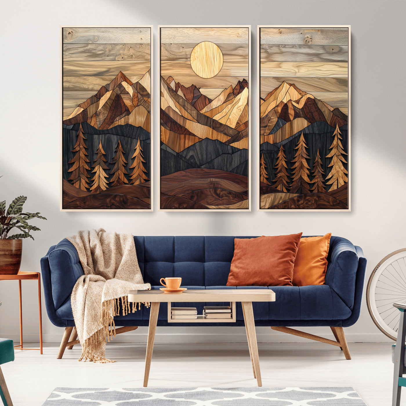 MGV-FC-48X32-3P - Wood Mountain Landscape Wall Art Canvas Print, Framed Sunset Hills Art Picture Print, Abstract Nature Perfect Boho Decor Artwork