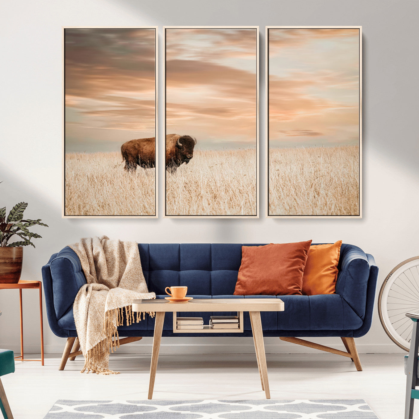 MGV-FC-48X32-3P - Bison Wall Art Canvas Print, Framed Buffalo Art Picture Print, Western Prairie Perfect Rustic Decor Artwork