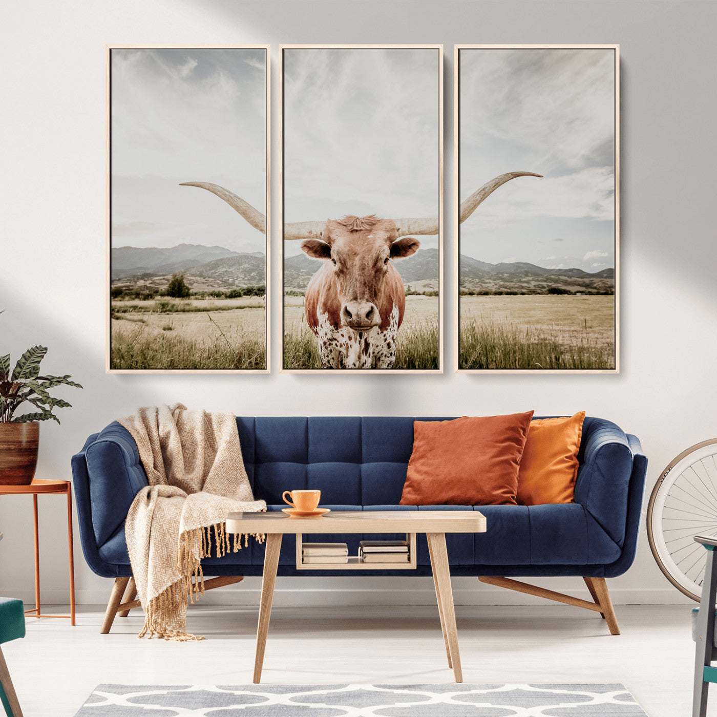 MGV-FC-48X32-3P - Texas Longhorn Wall Art Canvas Print, Framed Western Cow Art Picture Print, Rustic Farmhouse Perfect Farmhouse Decor Artwork