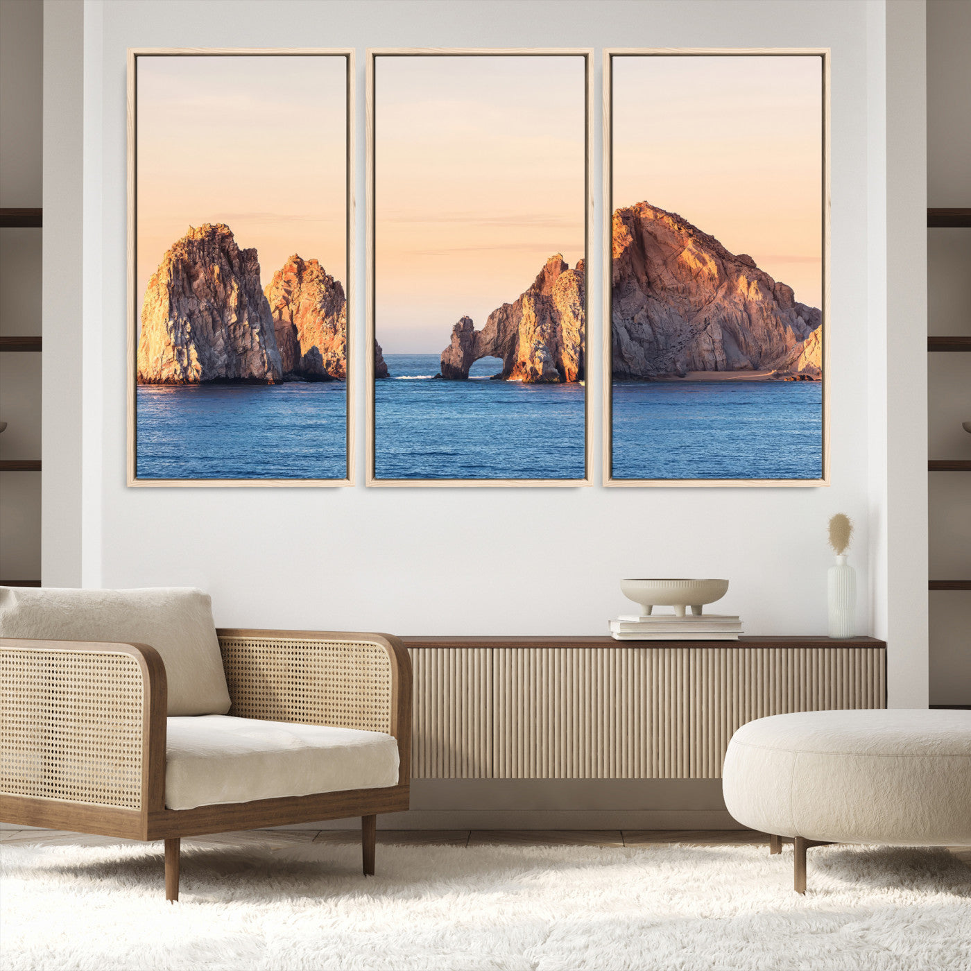 72996116-MGV-FC-48X32-3P-El Arco Wall Art Canvas Print, Framed Cabo Rocks Art Picture Print, Ocean Arch Perfect Golden Coastal Landmark Decor, The Arch Canvas Print