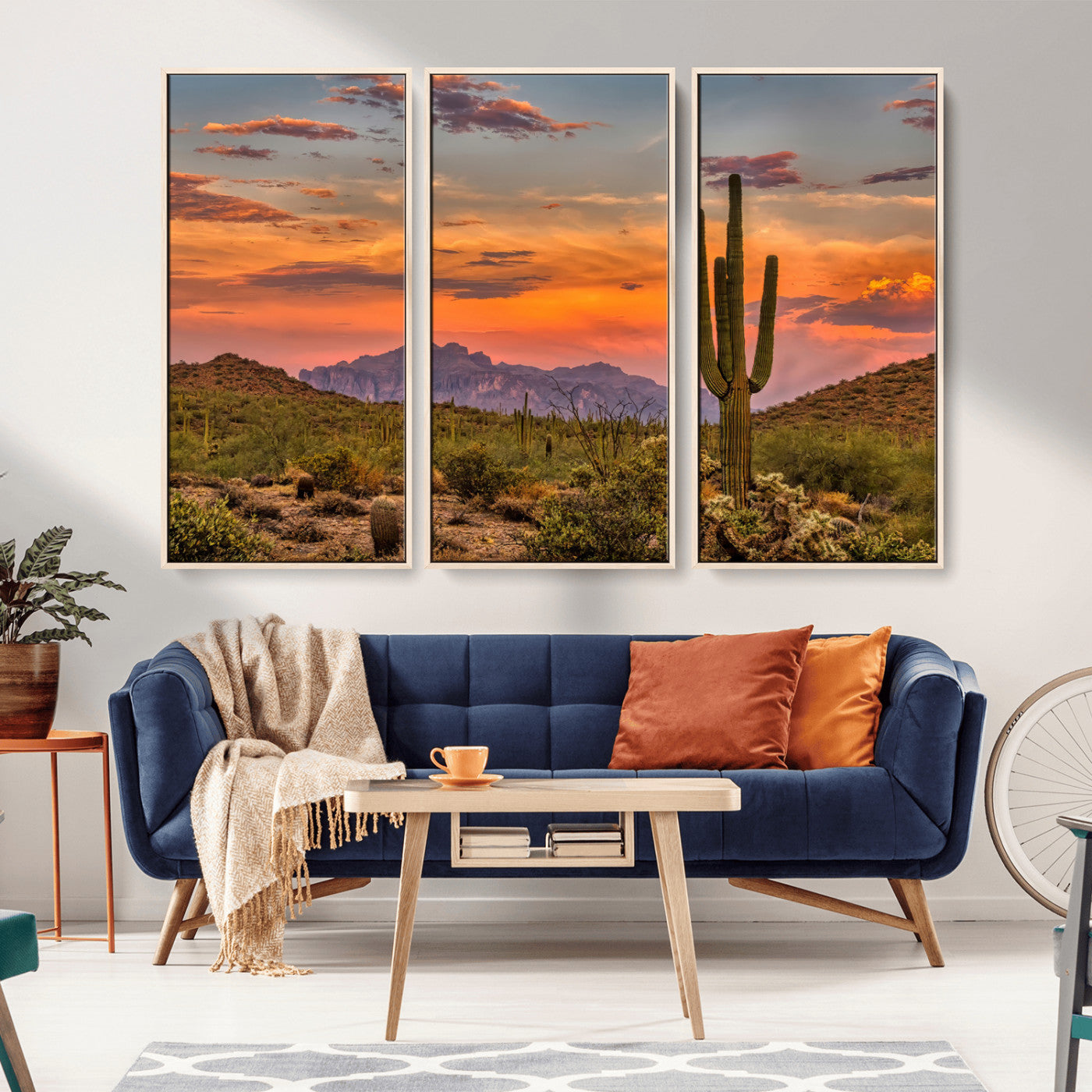 MGV-FC-48X32-3P - Saguaro Cactus Wall Art Canvas Print, Framed Arizona Sunset Art Picture Print, Sonoran Desert Perfect Southwestern Boho Decor Artwork