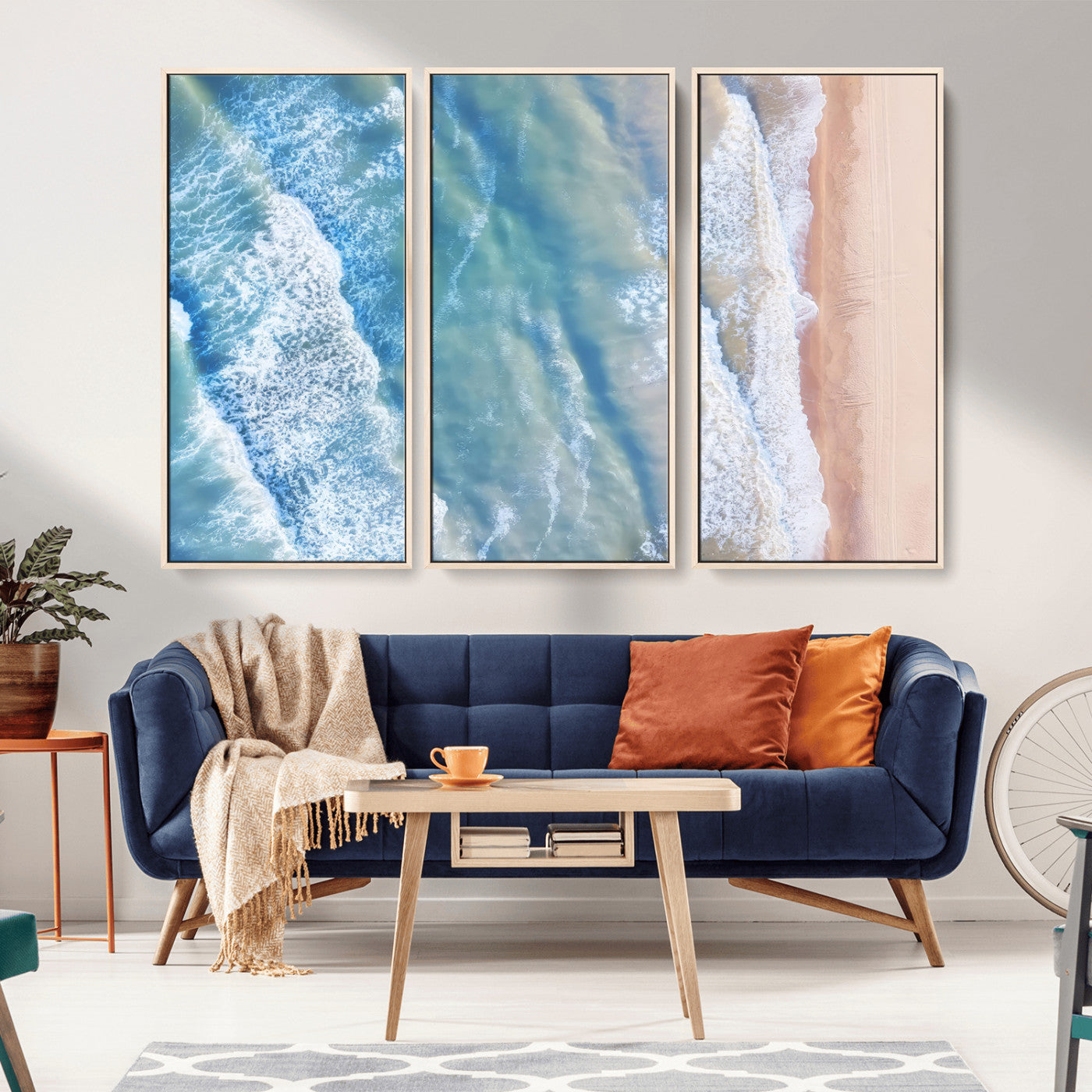 MGV-FC-48X32-3P - Aerial Ocean View Wall Art Canvas Print, Framed Soft Blue Waves Art Picture Print, Sandy Shoreline Perfect Modern Coastal Decor Artwork