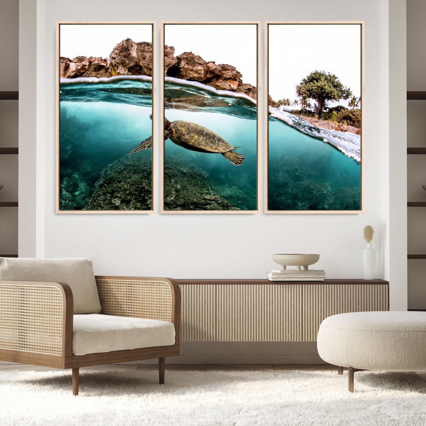44200301-MGV-FC-48X32-3P-Sea Turtle Wall Art Canvas Print, Framed Ocean Life Art Picture Print, Tropical Perfect Coastal Decor