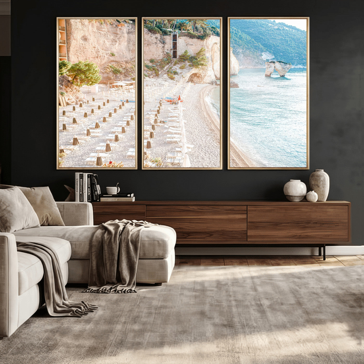 84816639-MGV-CV-36X24 - Sunny Beach Wall Art – Chairs & Umbrellas Canvas Print, Clear Water, Rocky Cliffs, Coastal Calm for Living Room or Vacation Home Decor