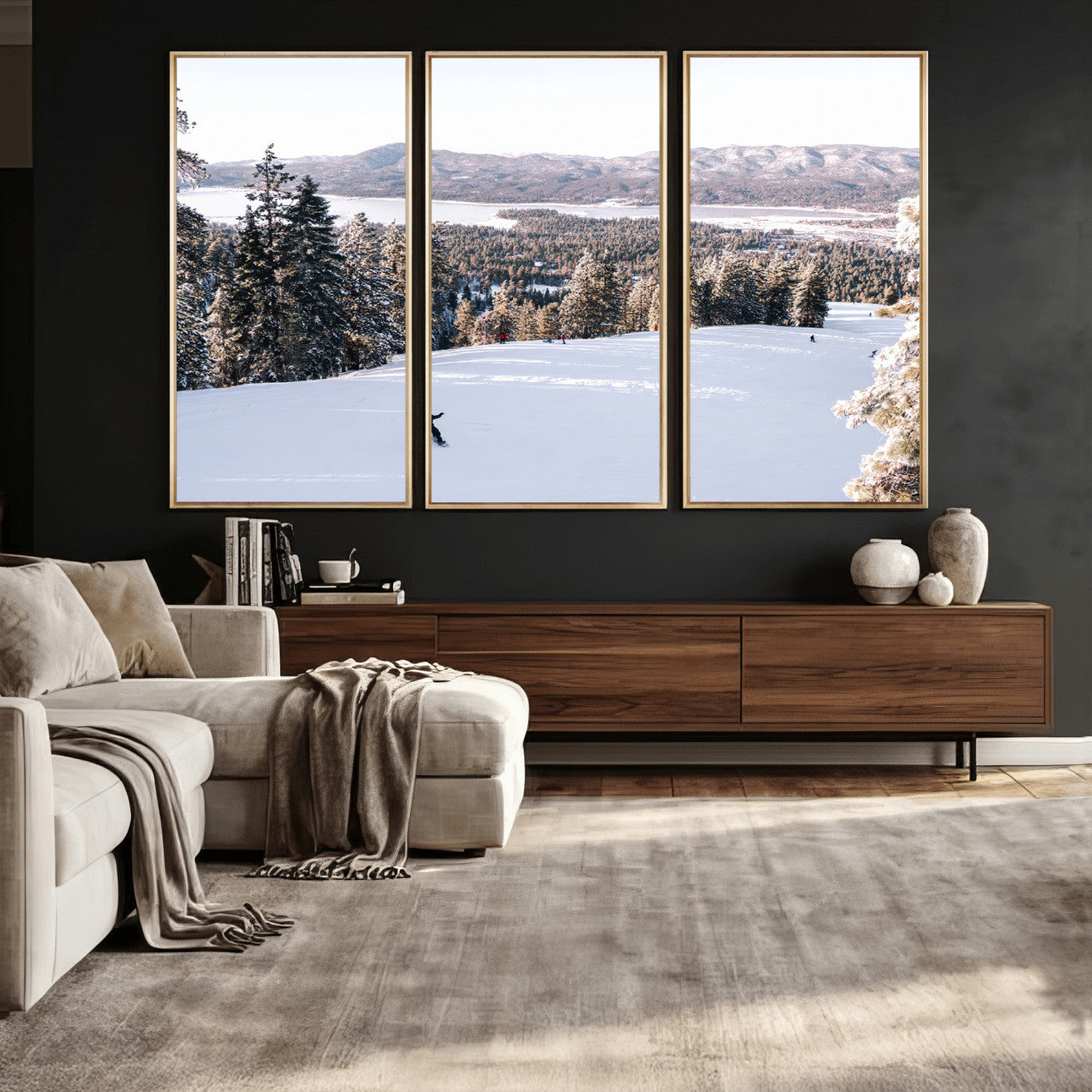 79857868-MGV-CV-36X24 - Snowboarder Wall Art – Winter Slope Canvas Print, Pine Forest, Snow-Covered Mountains, Outdoor Adventure for Living Room or Cabin Decor