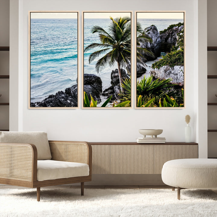 Framed canvas of a vibrant tropical coastline with palm trees, rocky cliffs, and turquoise waters, ideal for tropical coastal home decor.