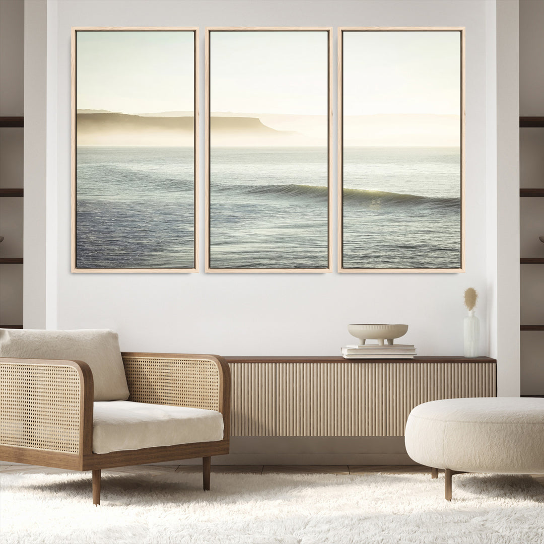 Canvas of a misty ocean scene with coastal cliffs and soft neutral tones, ideal for Scandinavian coastal or minimalist nature-inspired home decor.