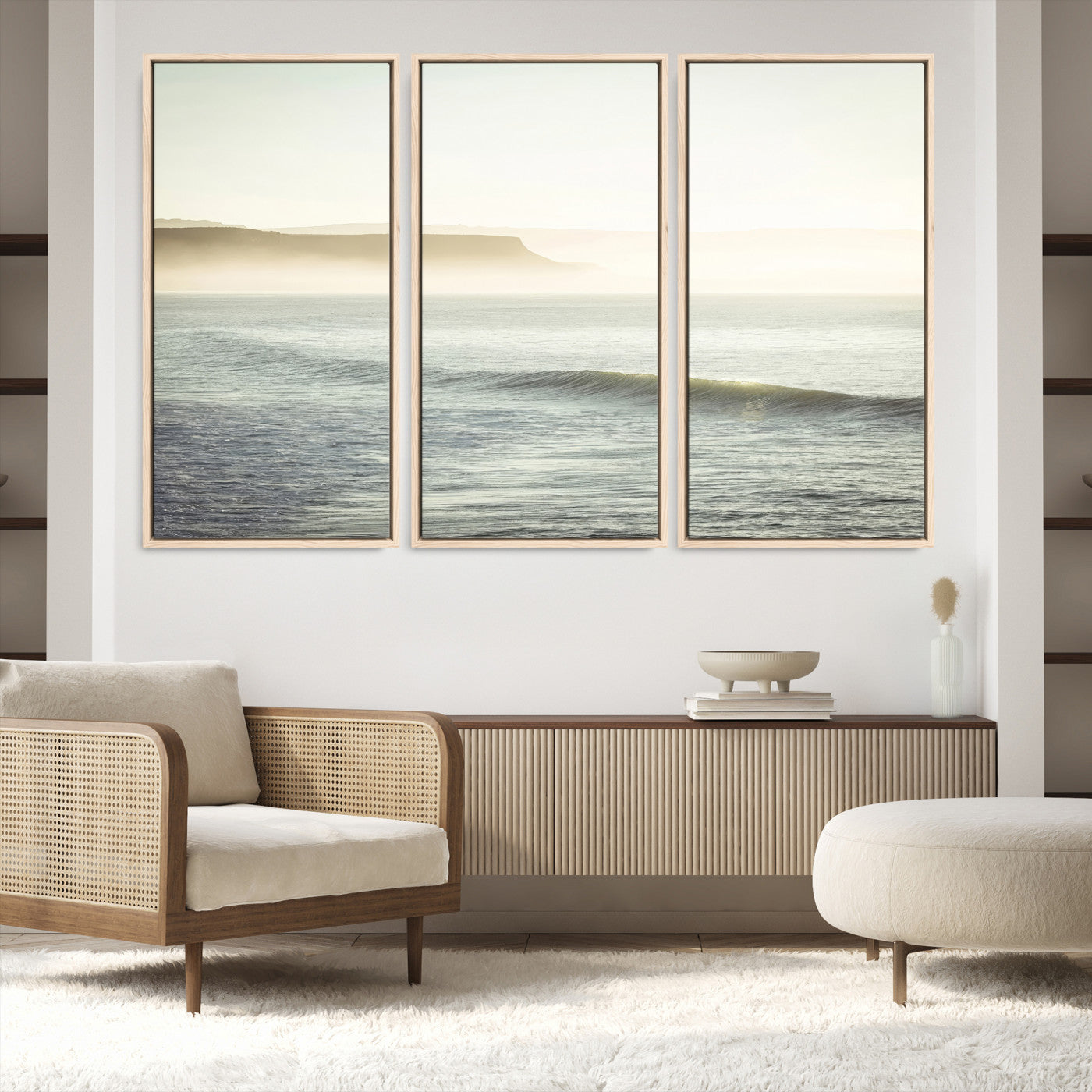 39310633-MGV-FC-48X32-3P-Coastal Cliffs Wall Art Canvas Print, Framed Misty Ocean Art Picture Print, Soft Morning Perfect Minimalistic Decor, Framed Misty Ocean,
