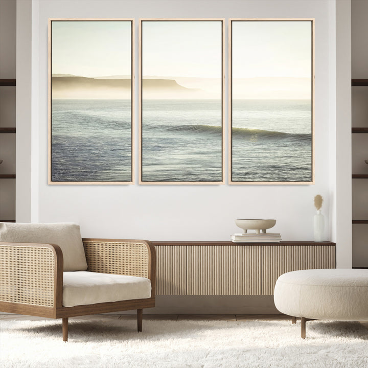 Canvas of a misty ocean scene with coastal cliffs and soft neutral tones, ideal for Scandinavian coastal or minimalist nature-inspired home decor.