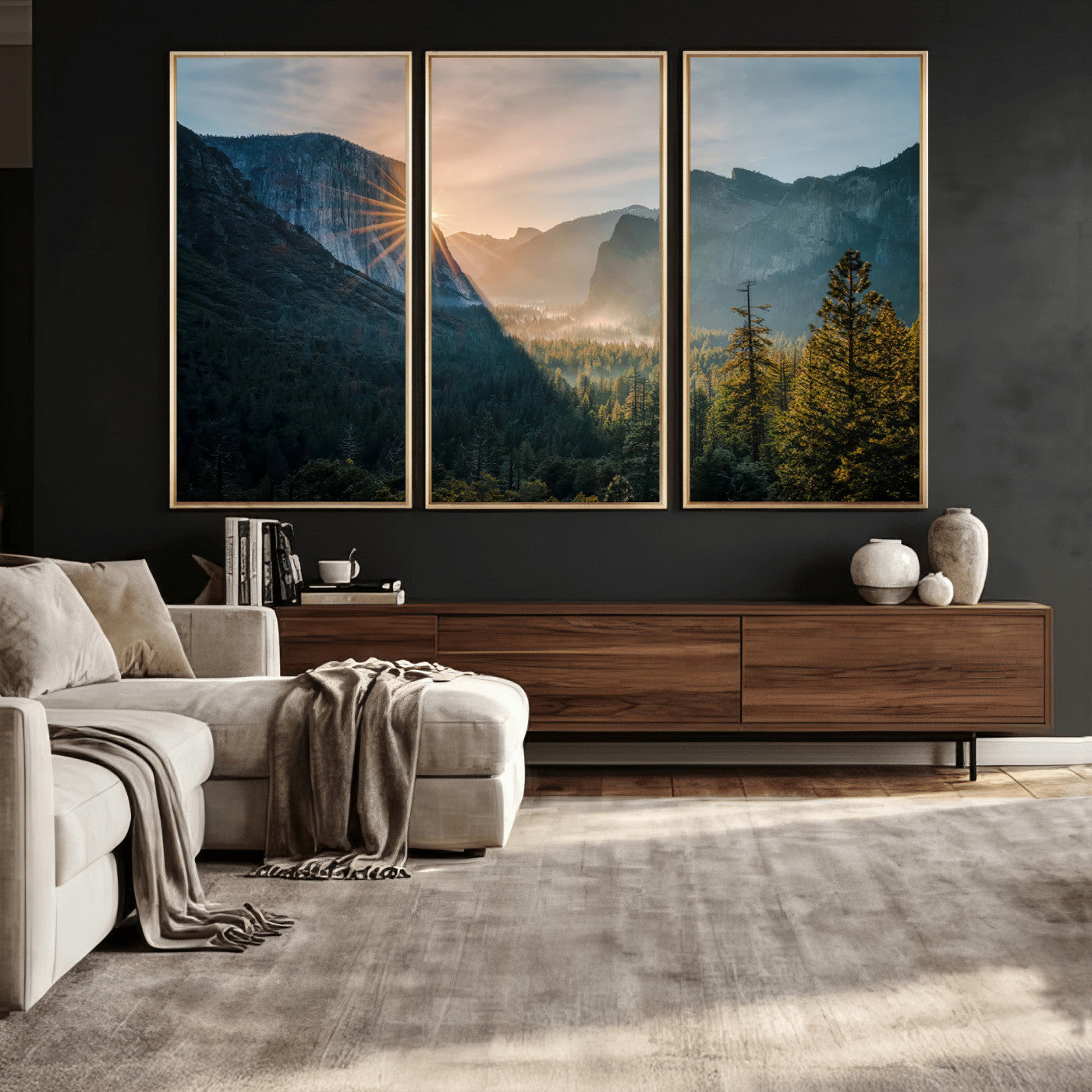 51605481-MGV-CV-36X24 - Yosemite Valley Wall Art – Misty Forest Peaks Canvas Print, Radiant Light, Tranquil Nature Landscape for Living Room or Cabin Decor