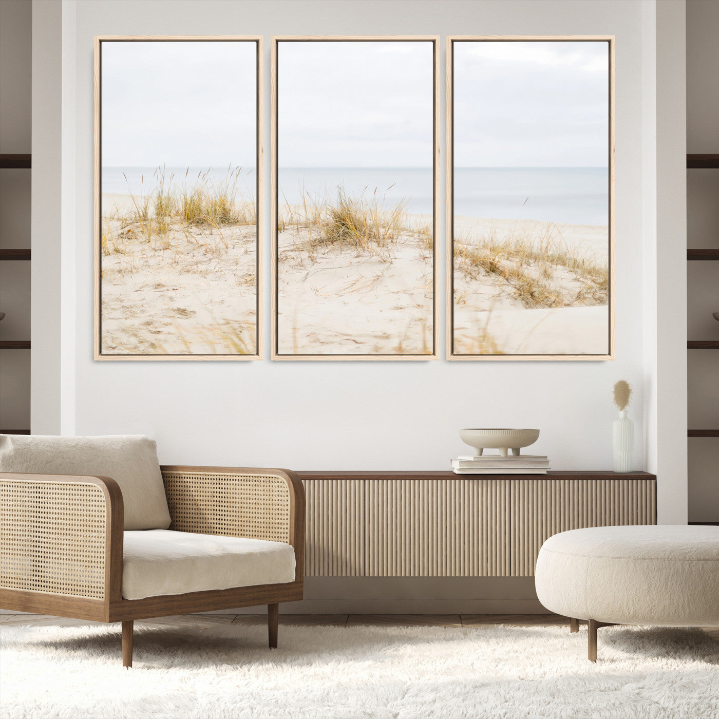 13146857-MGV-FC-48X32-3P-Beach Dunes Wall Art Canvas Print, Framed Coastal Grass Art Picture Print, Sand Perfect Minimalist Decor, Framed Sand Dunes Canvas