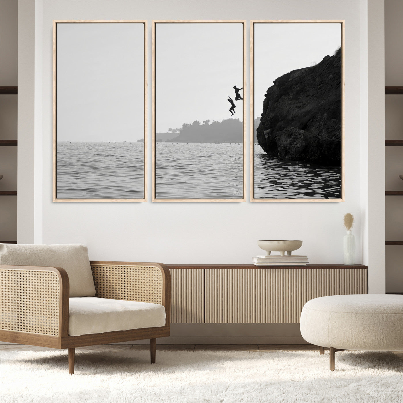 52284302-MGV-FC-48X32-3P-Jumping Wall Art Canvas Print, Framed Ocean Art Picture Print, Coastal Perfect Coastal Decor, Framed Cliff Diving Wall Art