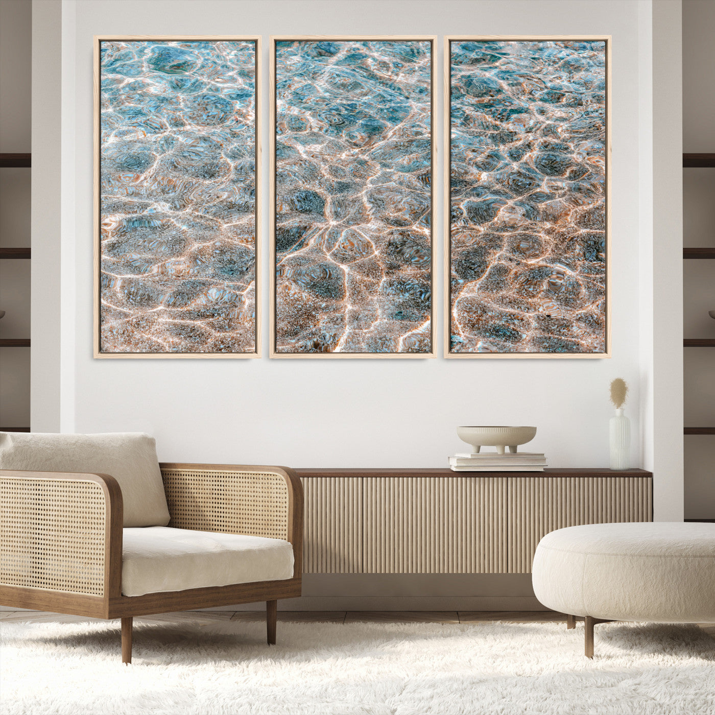 26580287-MGV-FC-48X32-3P-Clear Water Wall Art Canvas Print, Framed Sunlit Ripples Art Picture Print, Ocean Texture Perfect Modern Coastal Decor