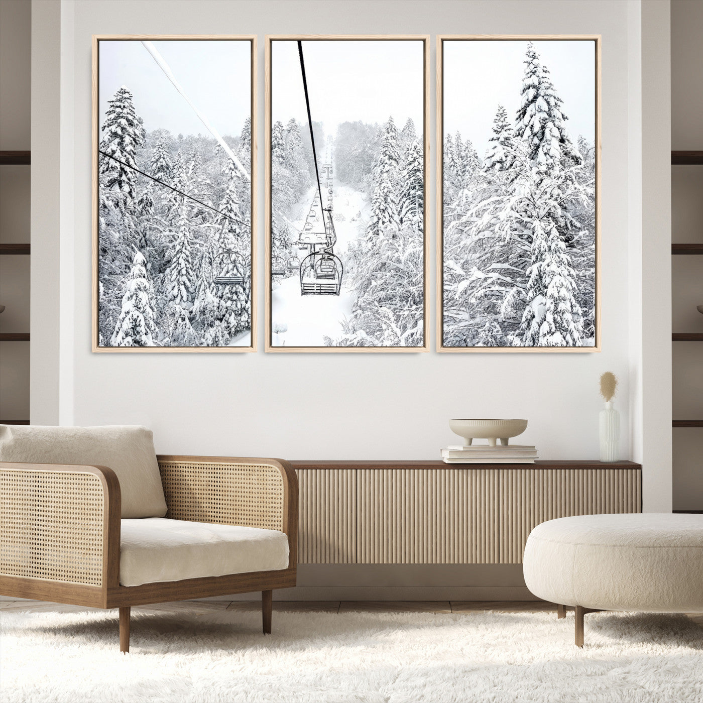 44705668-MGV-FC-48X32-3P-Winter Forest Wall Art Canvas Print, Framed Snowy Forest Art Picture Print, Winter Ski Lift Perfect Scandinavian Minimalist 3/3 Decor