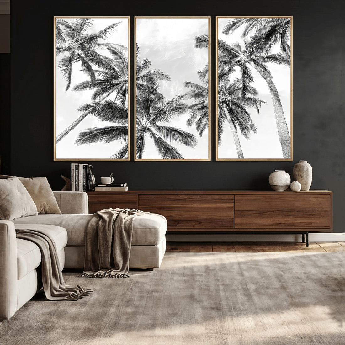 Black and White Palm Wall Art Canvas Print | Framed Monochrome Tropical Beach