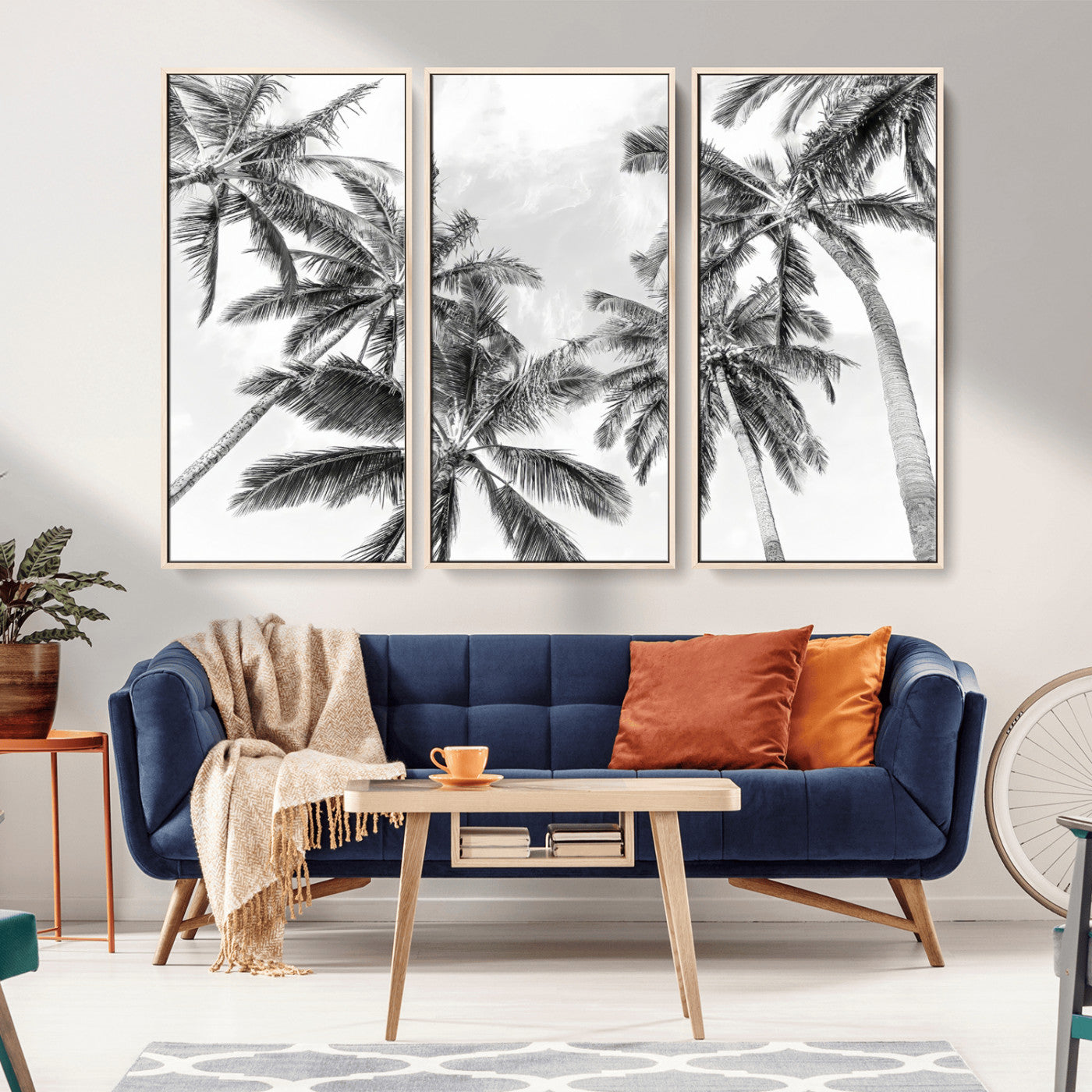MGV-FC-48X32-3P - Black White Palm Wall Art Canvas Print, Framed Monochrome Tropics Art Picture Print, Minimalist Beach Perfect Coastal Minimalist Decor Artwork
