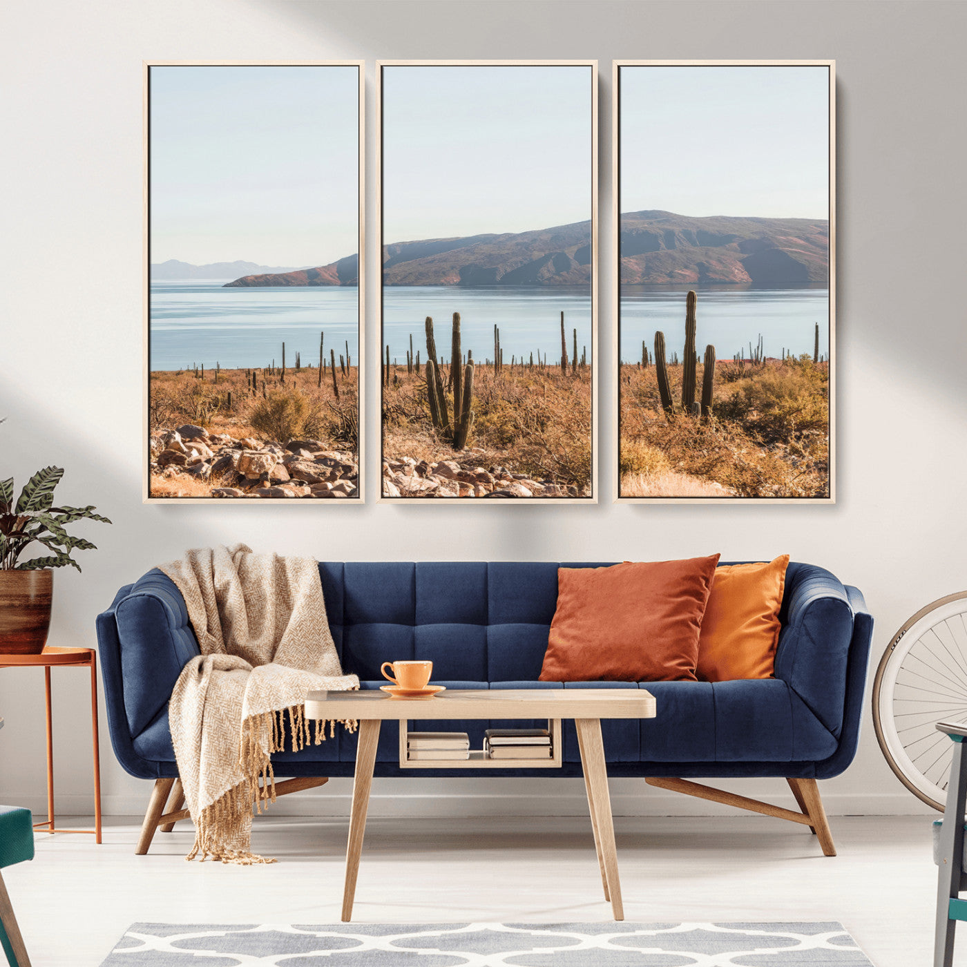 MGV-FC-48X32-3P - Desert Cactus Wall Art Canvas Print, Framed Baja Coastline Art Picture Print, Coastal Desert Perfect Southwestern Minimalist Decor Artwork