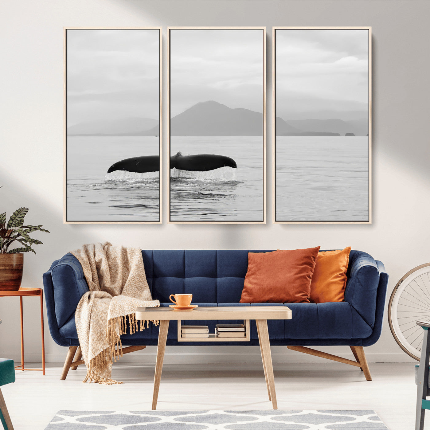 MGV-FC-48X32-3P - Whale Tail Wall Art Canvas Print, Framed Black White Ocean Art Picture Print, Calm Marine Perfect Minimalist Coastal Decor Artwork