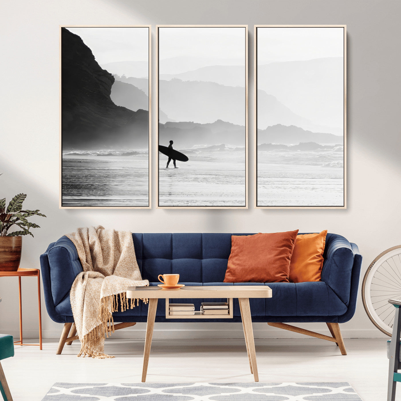 MGV-FC-48X32-3P - Surfer In Fog Wall Art Canvas Print, Framed Moody Shoreline Art Picture Print, Cliffside Waves Perfect Minimalist Coastal Decor Artwork