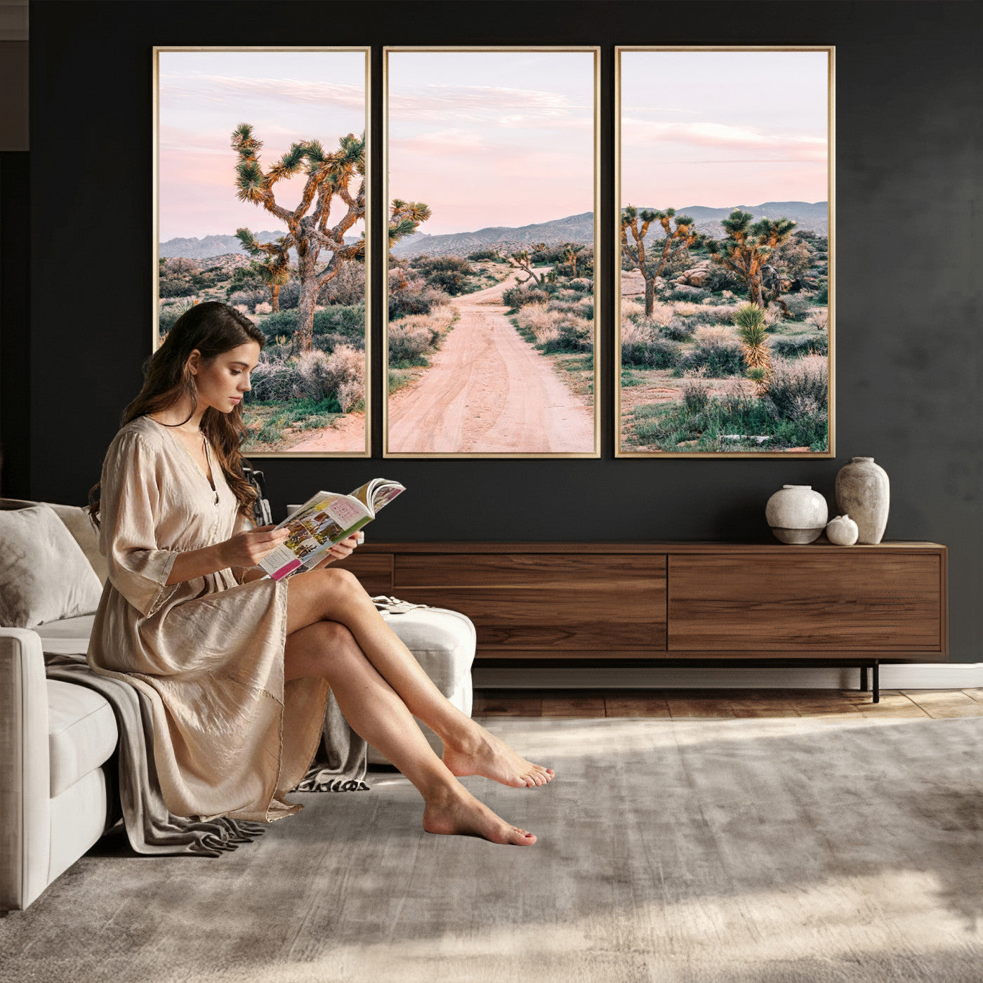 12540952-MGV-CV-36X24 - Desert Trail Wall Art – Canvas Print of Joshua Trees & Sunset Glow, Sandy Path Wilderness, Scenic Nature Escape Decor for Living Room, Office or Bedroom