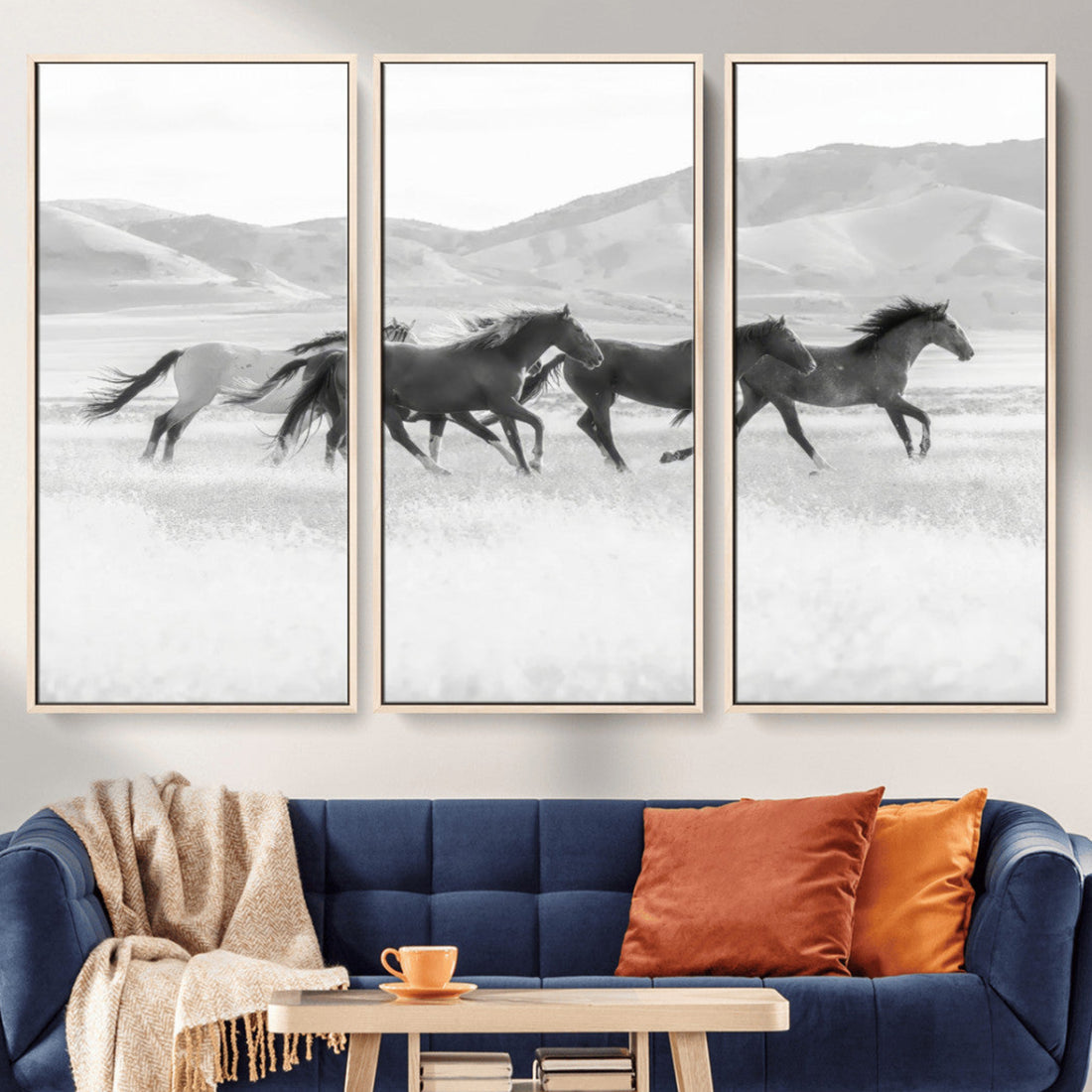 Wild Horses Running Wall Art Canvas Print, Framed Black White Mustangs Artwork