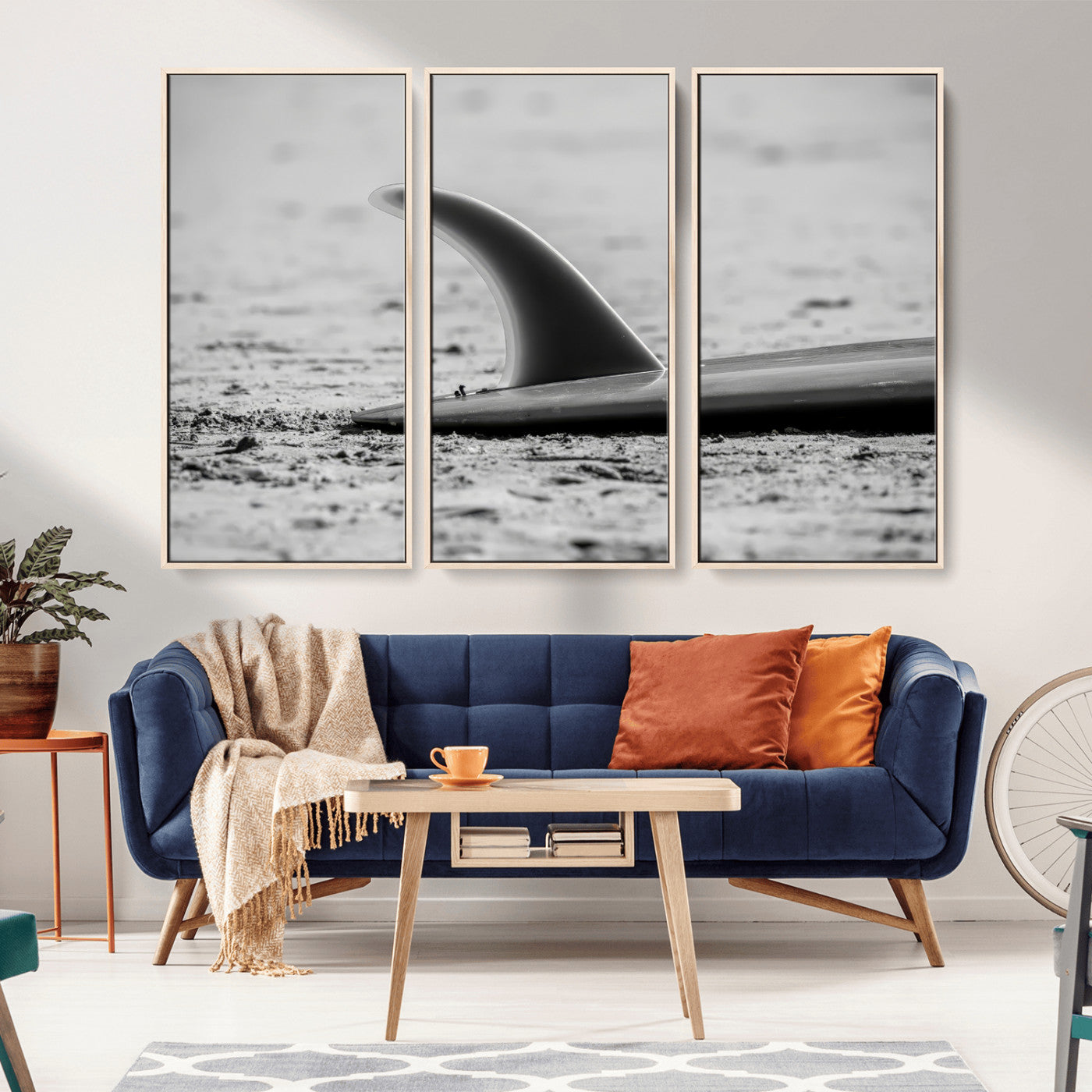 MGV-FC-48X32-3P - Black White Surfboard Wall Art Canvas Print, Framed Minimalist Beach Art Picture Print, Surf Fin Perfect Minimalist Coastal Decor Artwork