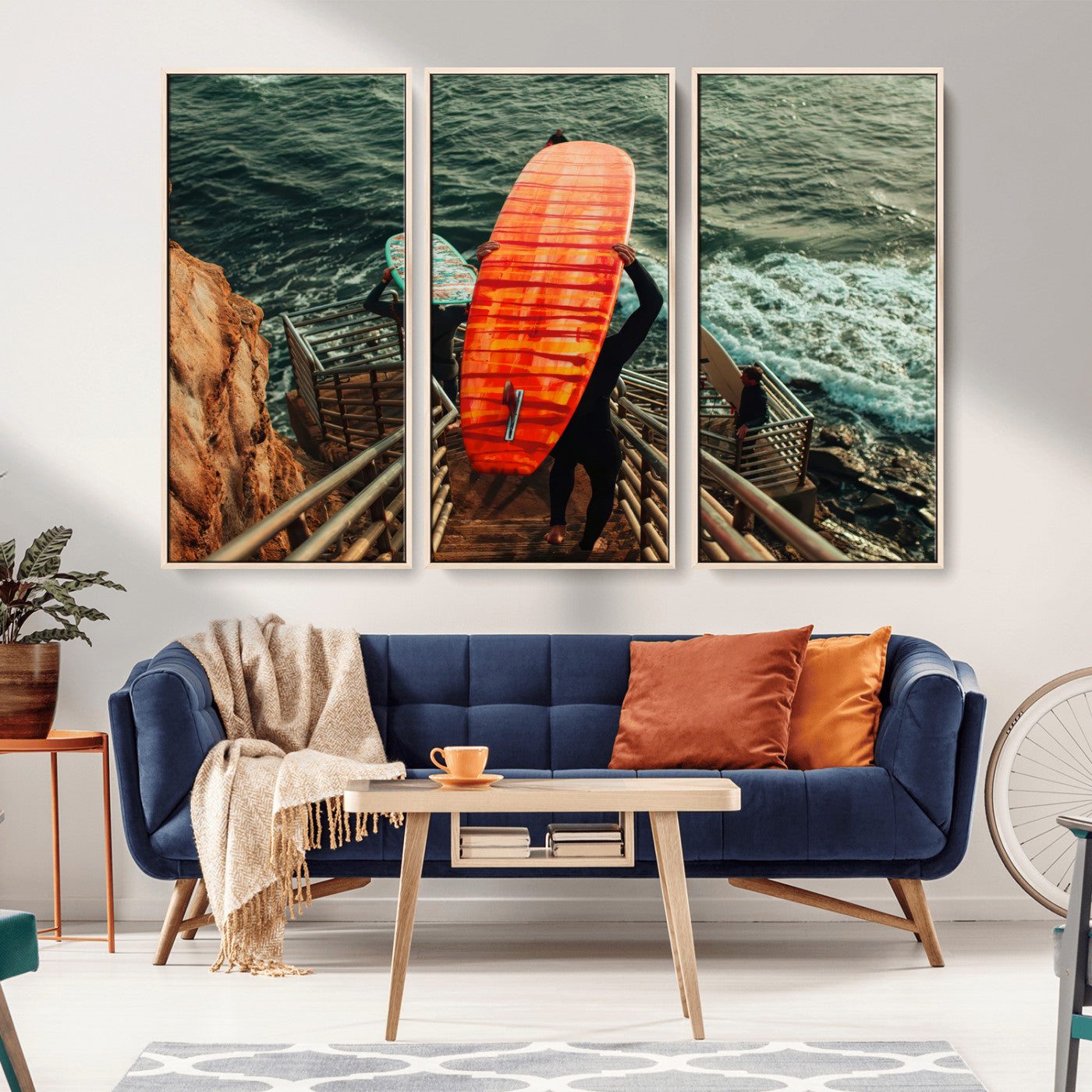 MGV-FC-48X32-3P - Surfer Stairway Wall Art Canvas Print, Framed Ocean Surf Art Picture Print, Sunset Coastal Perfect Coastal Adventure Decor Artwork