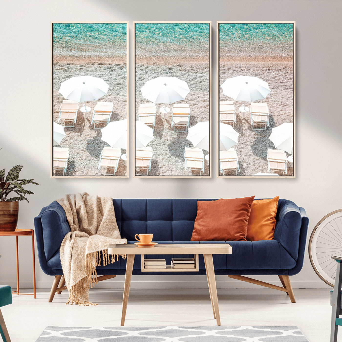 MGV-FC-48X32-3P - Calm Beach Wall Art Canvas Print, Framed Turquoise Water Art Picture Print, Umbrella Shoreline Perfect Coastal Minimalist Decor Artwork
