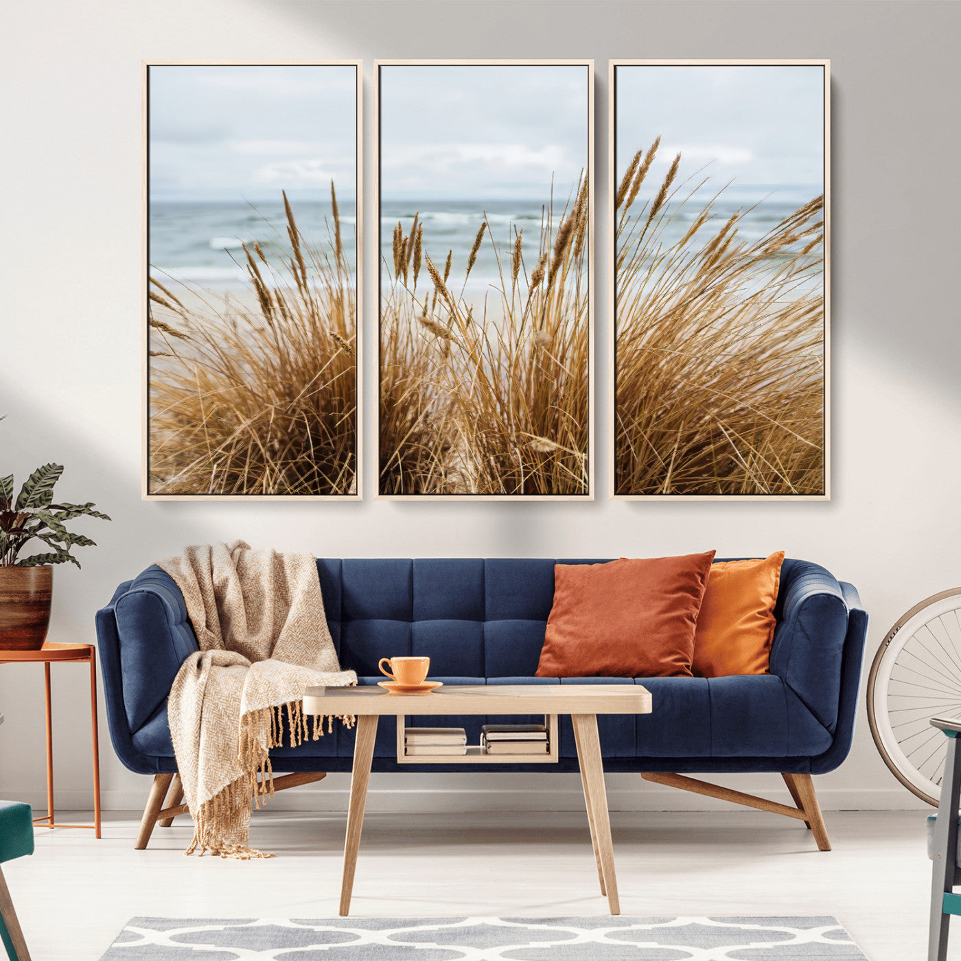 MGV-FC-48X32-3P - Beach Grass Wall Art Canvas Print, Framed Coastal Dunes Art Picture Print, Dune Grass Perfect Coastal Minimalist Decor Artwork