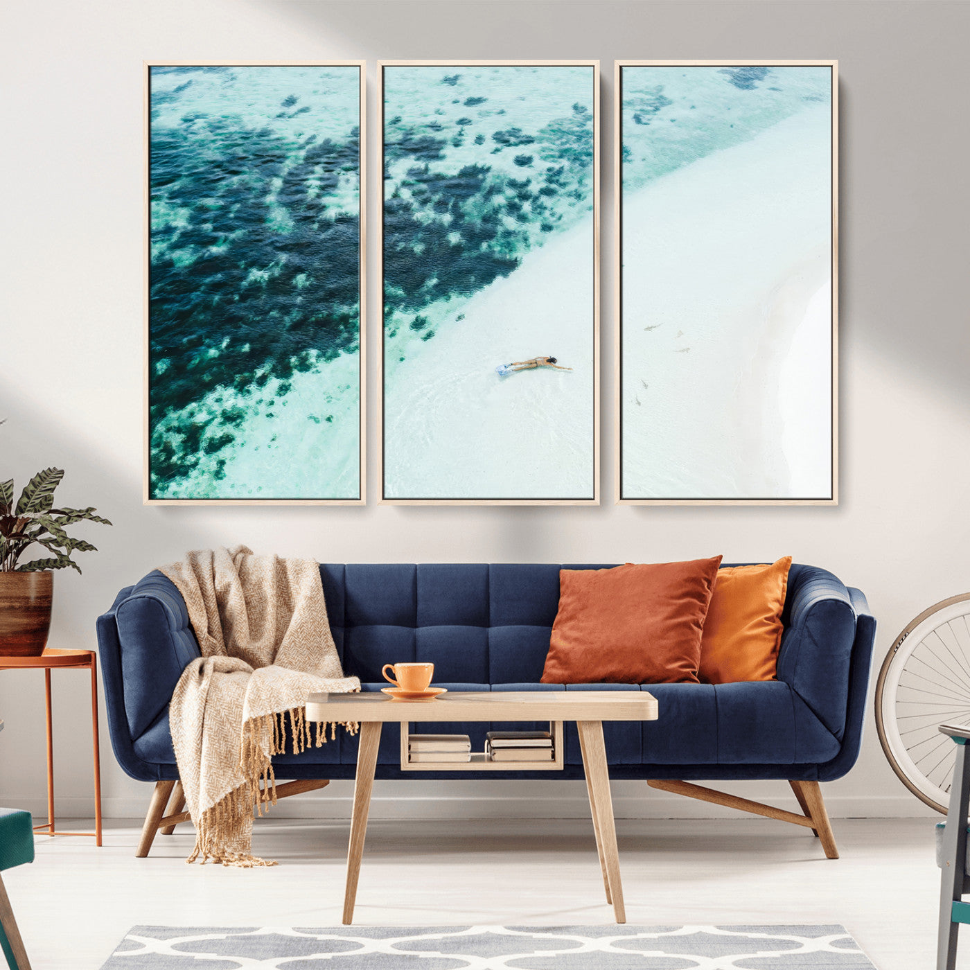 MGV-FC-48X32-3P - Minimal Beach Wall Art Canvas Print, Framed Ocean Swimming Art Picture Print, Clear Ocean Perfect Minimal Coastal Decor Artwork