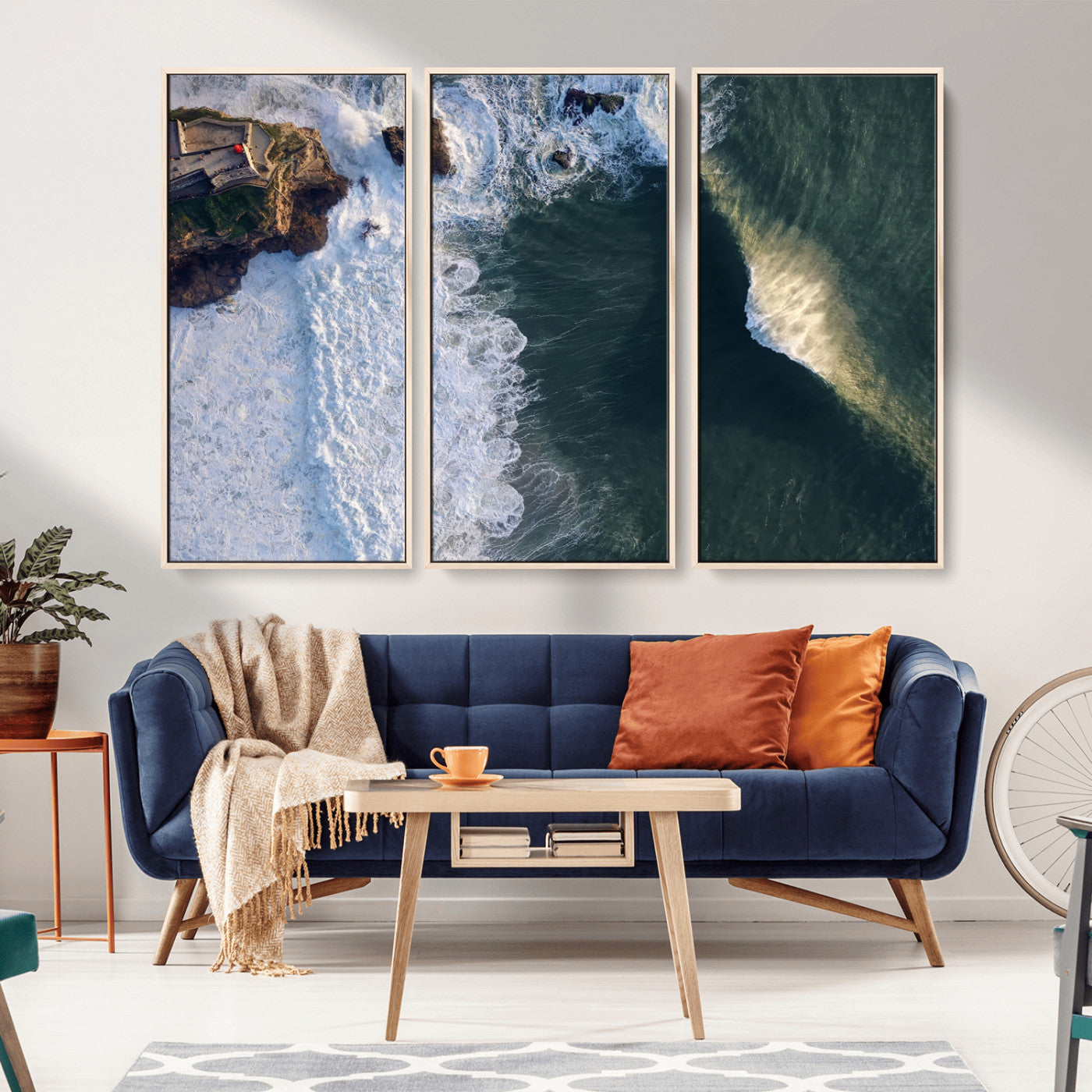 MGV-FC-48X32-3P - Nazaré Coast Wall Art Canvas Print, Framed Aerial Ocean Art Picture Print, Coastal Fortress Perfect Dramatic Coastal Decor Artwork