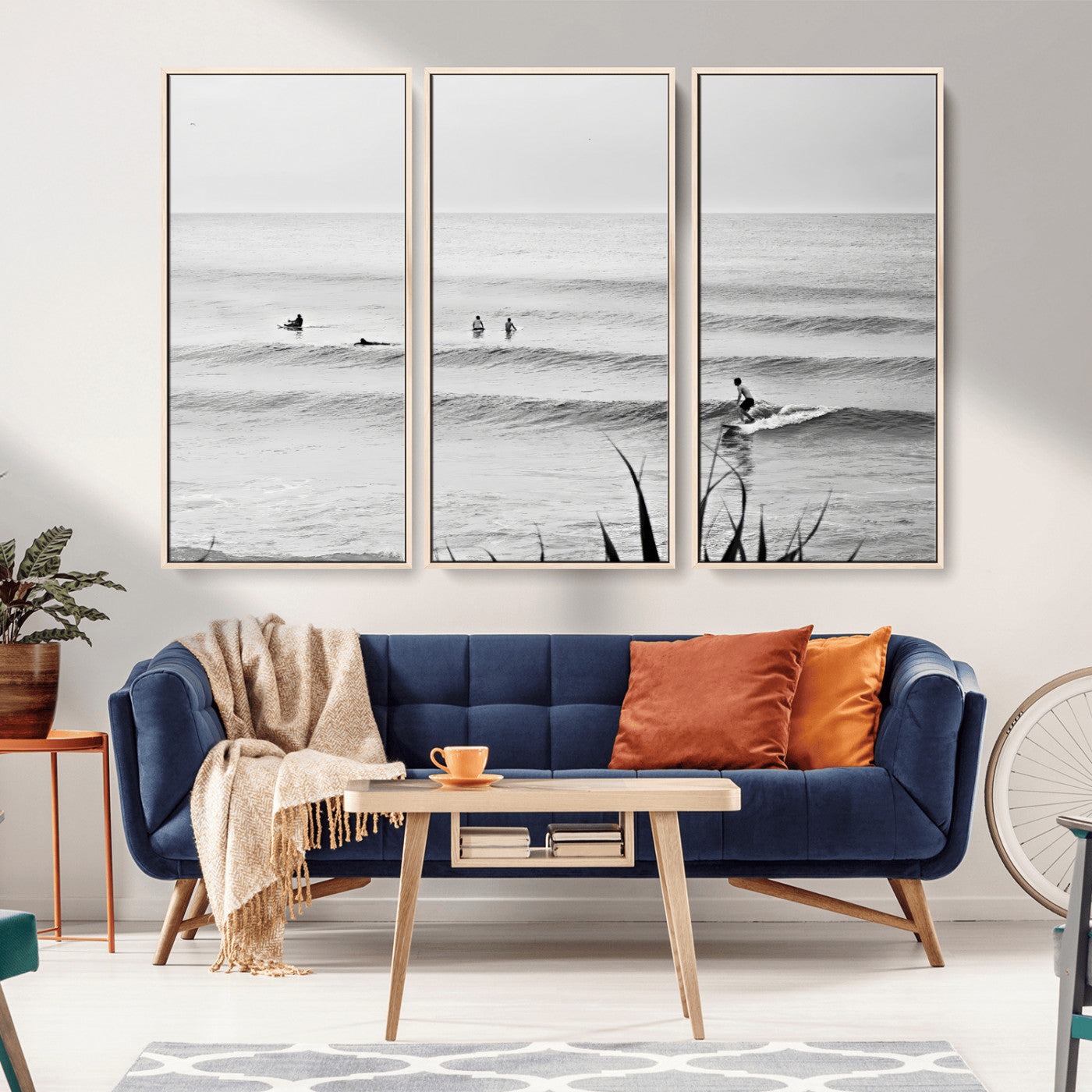 MGV-FC-48X32-3P - Surfer Silhouette Wall Art Canvas Print, Framed Calm Ocean Art Picture Print, Monochrome Surf Perfect Minimalist Coastal Decor Artwork