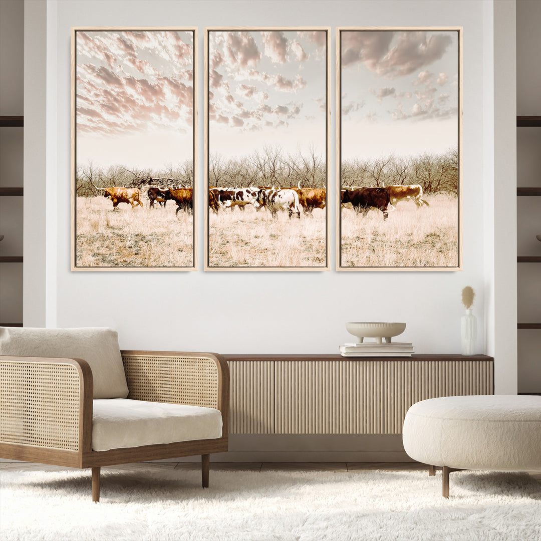 Longhorn Cattle Wall Art Canvas Print, Texas Ranch Print, Framed Western Cow Art Print, Large Prairie Landscape Printing Perfect for Western Decor