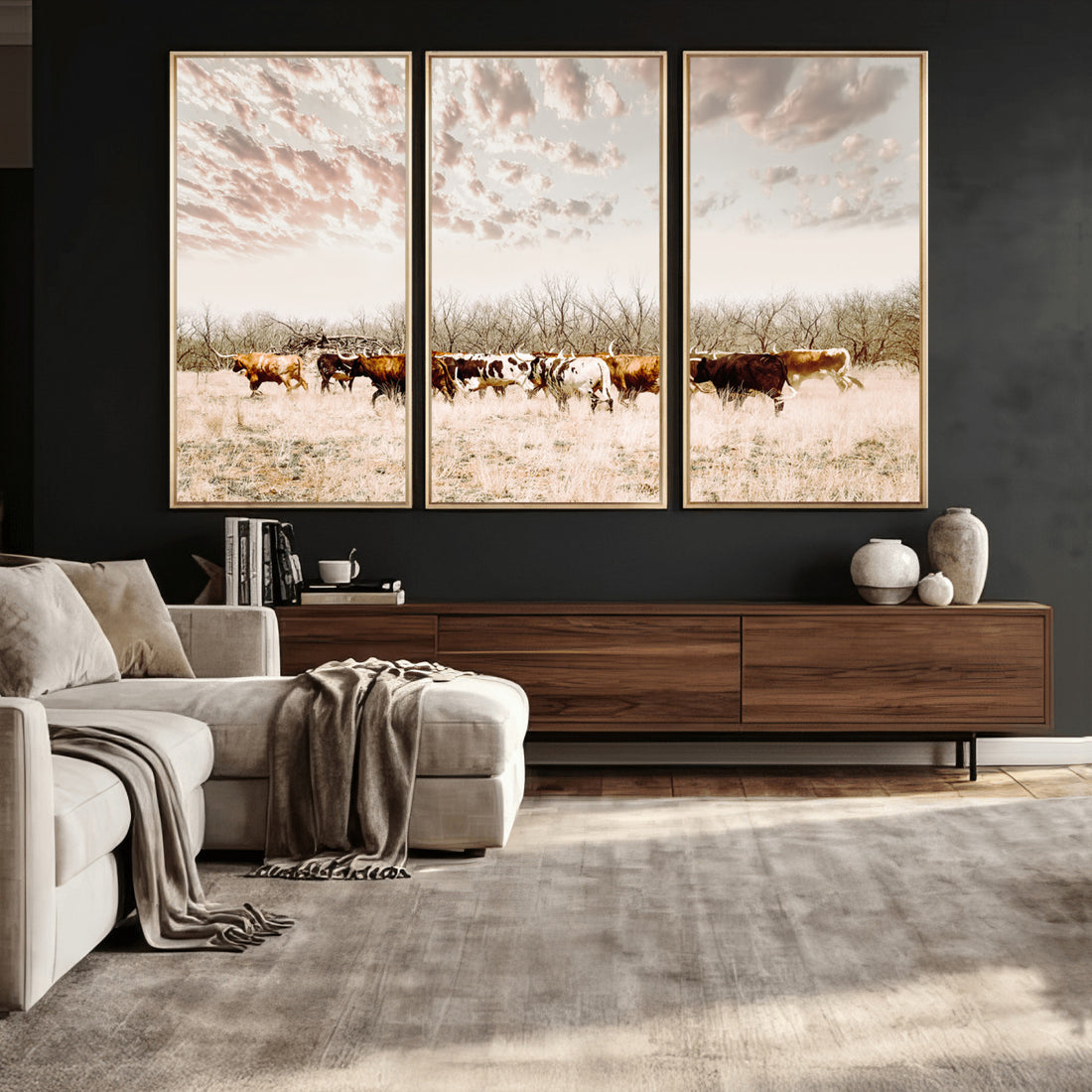 Longhorn Cattle Wall Art Canvas Print, Framed Texas Ranch Art, Western Cow Print, Prairie Landscape Decor