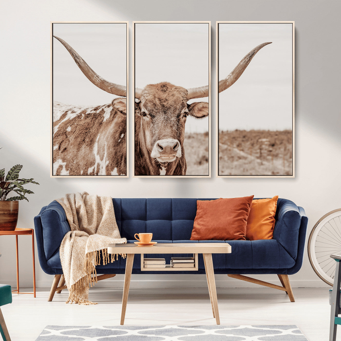 MGV-FC-48X32-3P - Longhorn Cow Wall Art Canvas Print, Framed Texas Ranch Art Picture Print, Western Bull Perfect County Decor Artwork