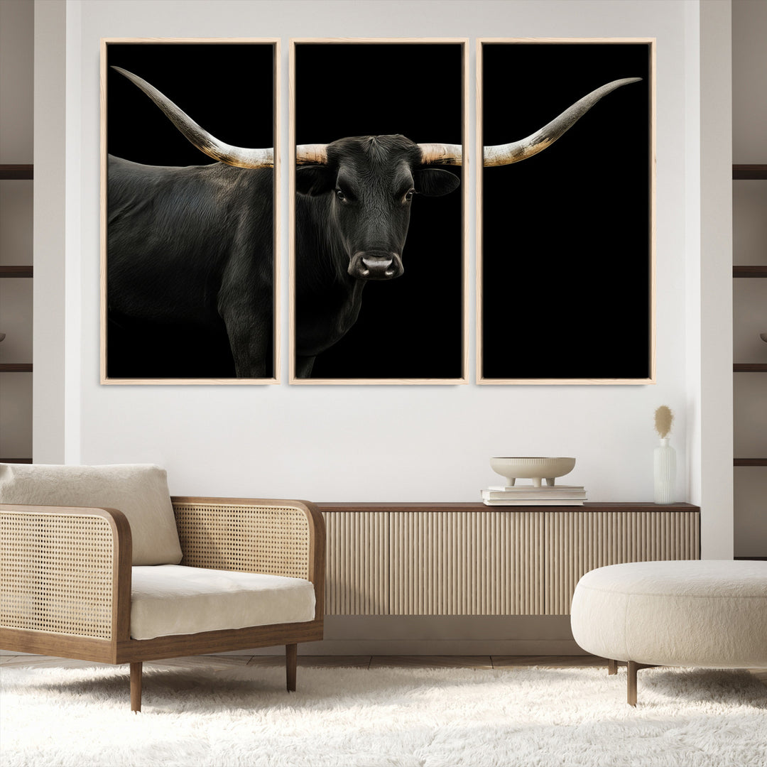 Black White Longhorn Bull Wall Art Canvas Print, Texas Ranch Print, Framed Western Cow Art Print for Farmhouse Decor - Longhorn Print