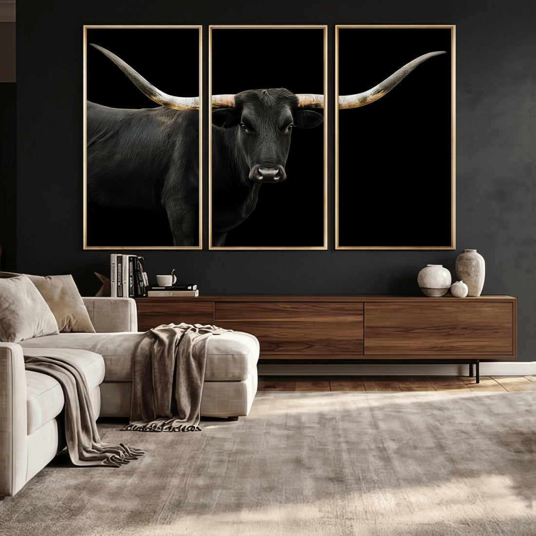 Longhorn Cattle Wall Art Canvas Print, Framed Texas Ranch Print, Western Cow Art, Prairie Landscape