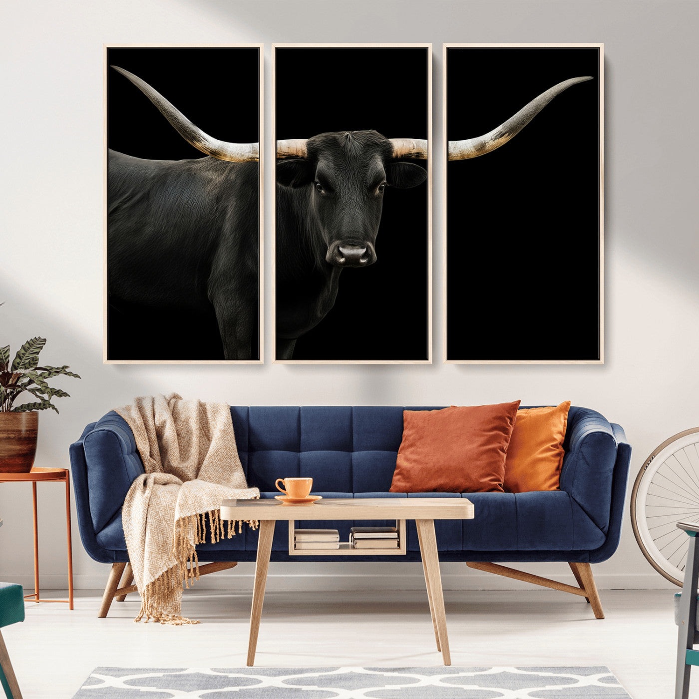 MGV-FC-48X32-3P - Longhorn Cattle Wall Art Canvas Print, Framed Texas Ranch Art Picture Print, Western Cow Perfect Farmhouse Decor Artwork