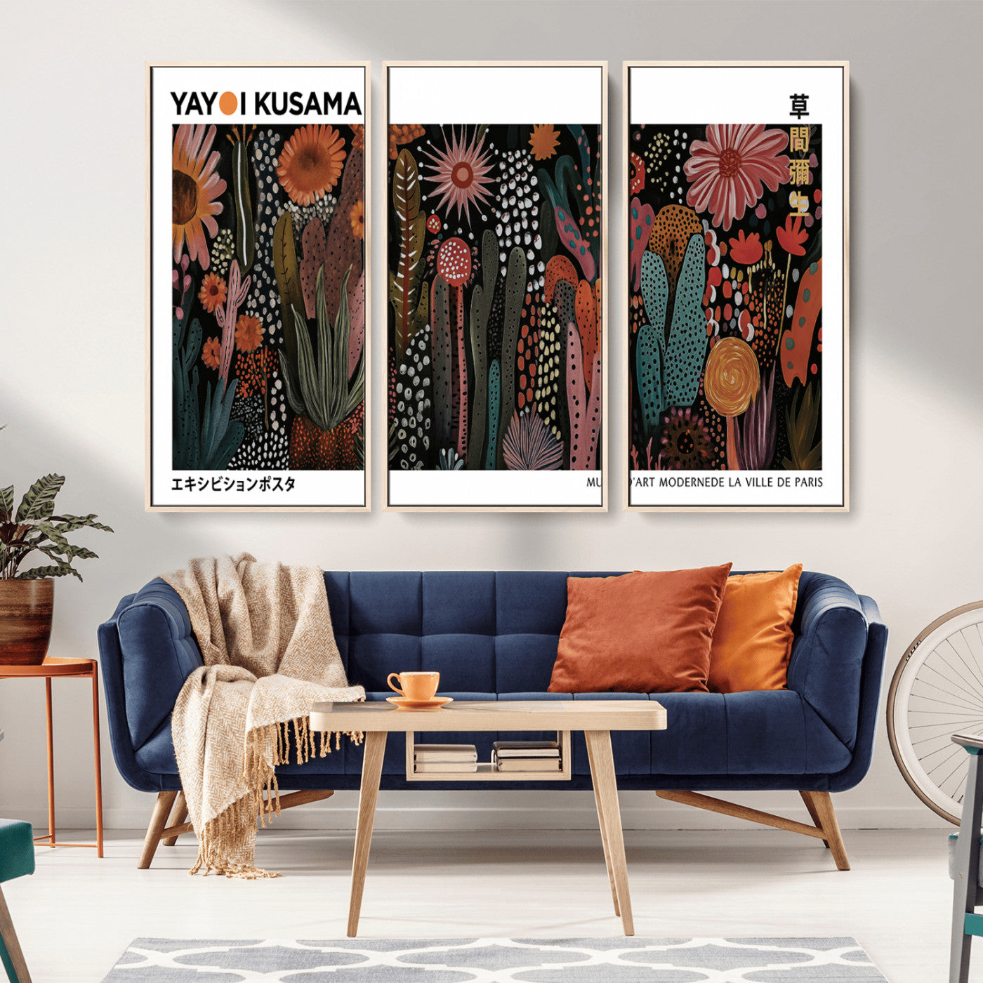 MGV-FC-48X32-3P - Modern Japanese Wall Art Print, Framed Yayoi Kusama Artwork, Abstract Mount Fuji Canvas Print,